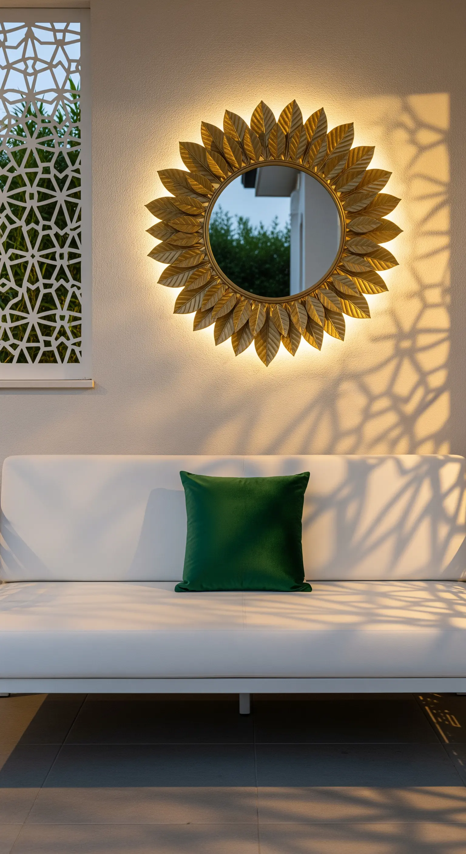Divano bianco con cuscino verde e uno specchio retroilluminato a forma di sole che proietta ombre decorative