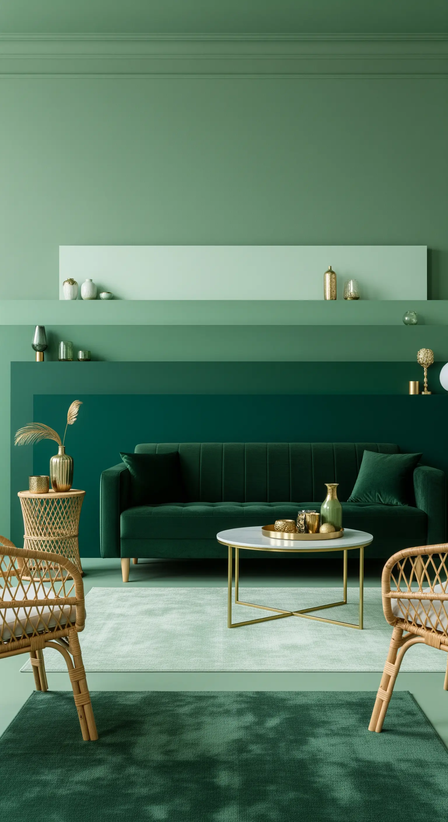 Salotto con pareti bicolore in diverse tonalità di verde e divano in velluto coordinato.