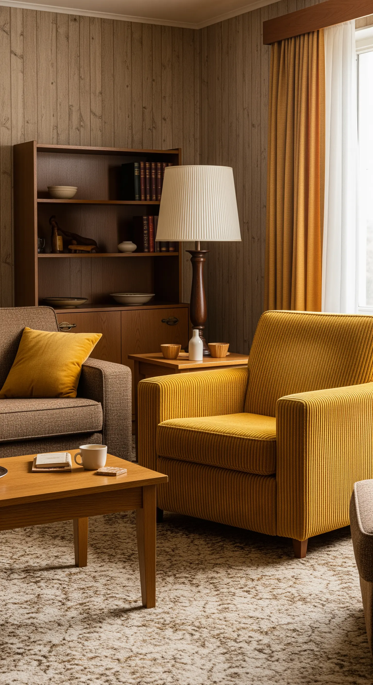 Salotto nei toni del marrone con una poltrona in velluto a coste color senape.