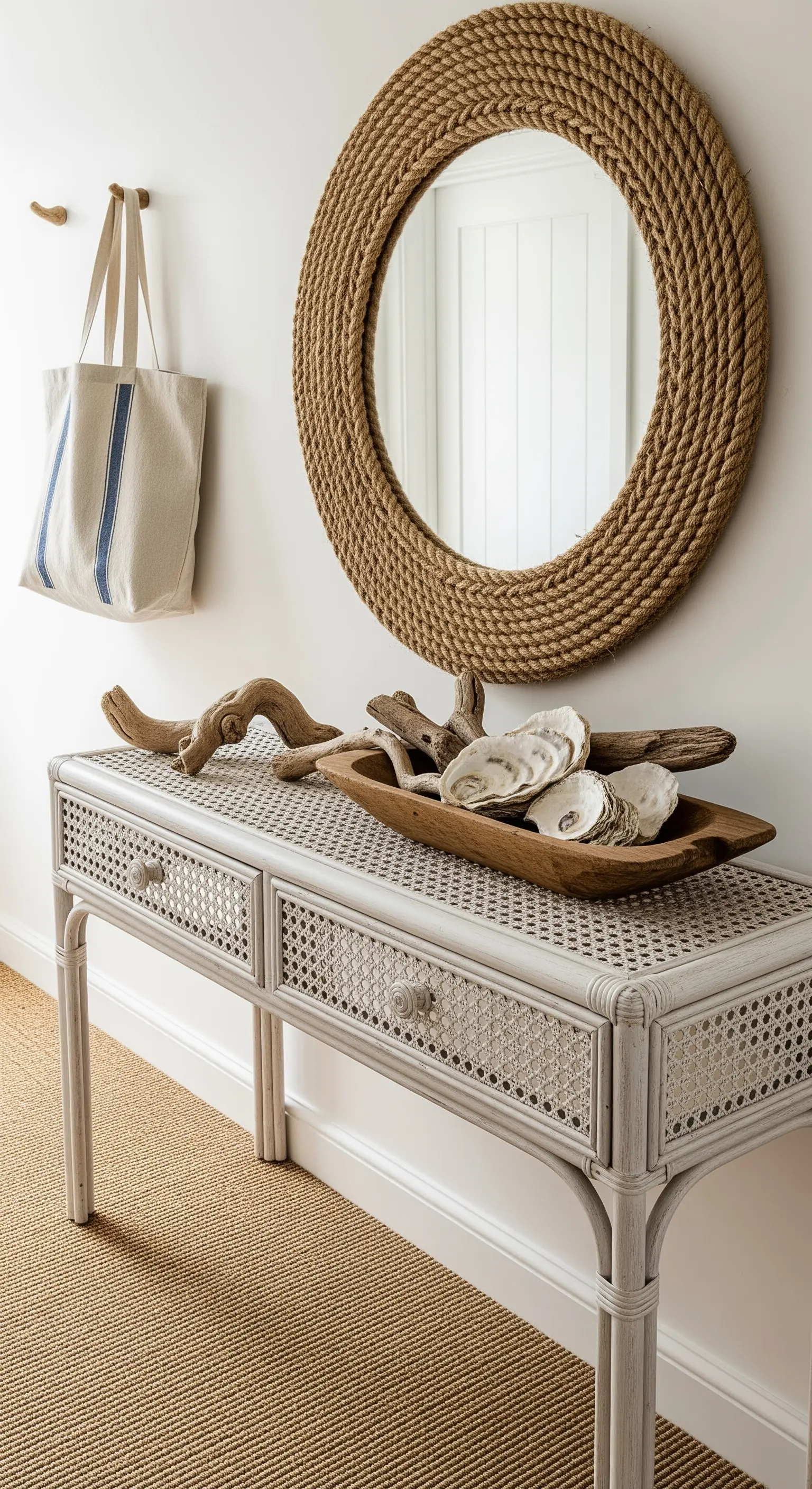 Consolle in rattan con specchio rotondo con cornice in corda e ciotola di conchiglie.