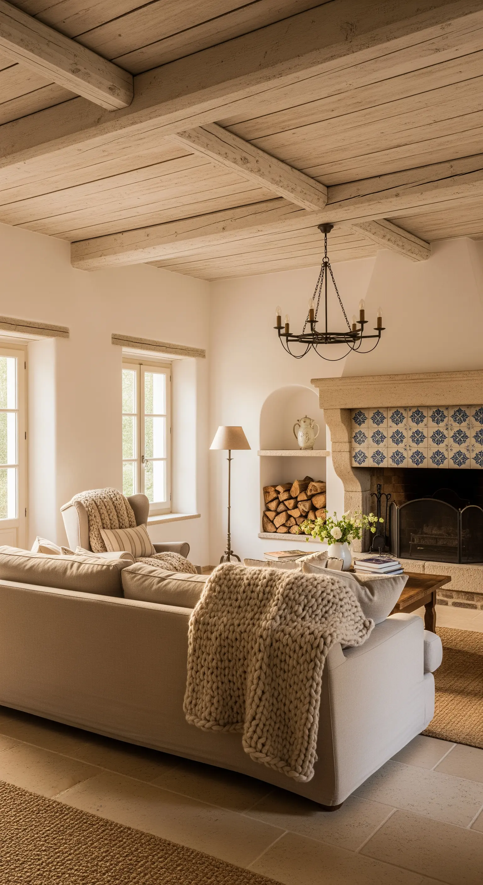 Soggiorno accogliente con divano beige, coperta a maglia grossa e soffitto in legno sbiancato.