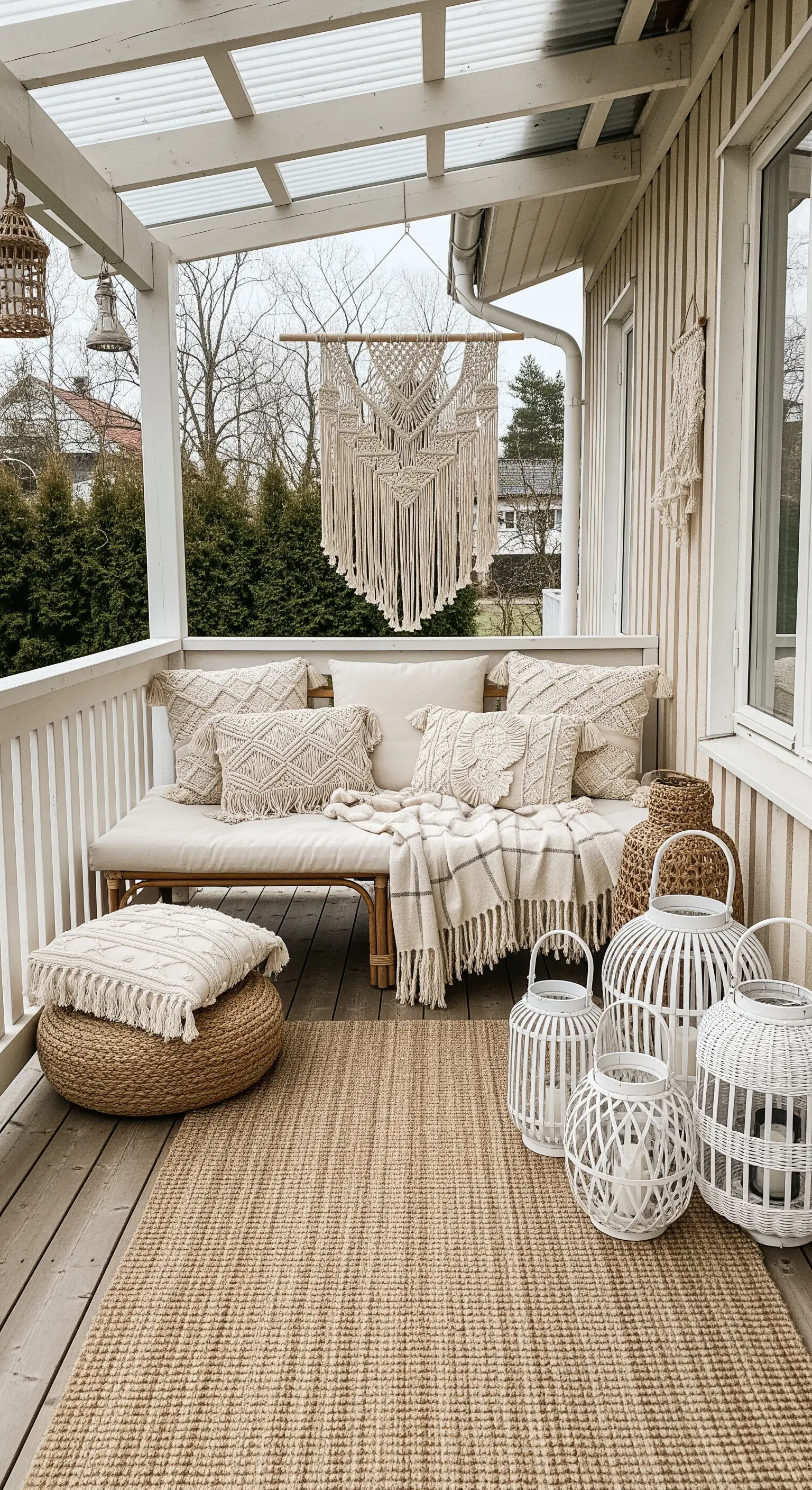 Veranda in stile boho con divano, cuscini in macramè, tappeto in juta e lanterne in bambù