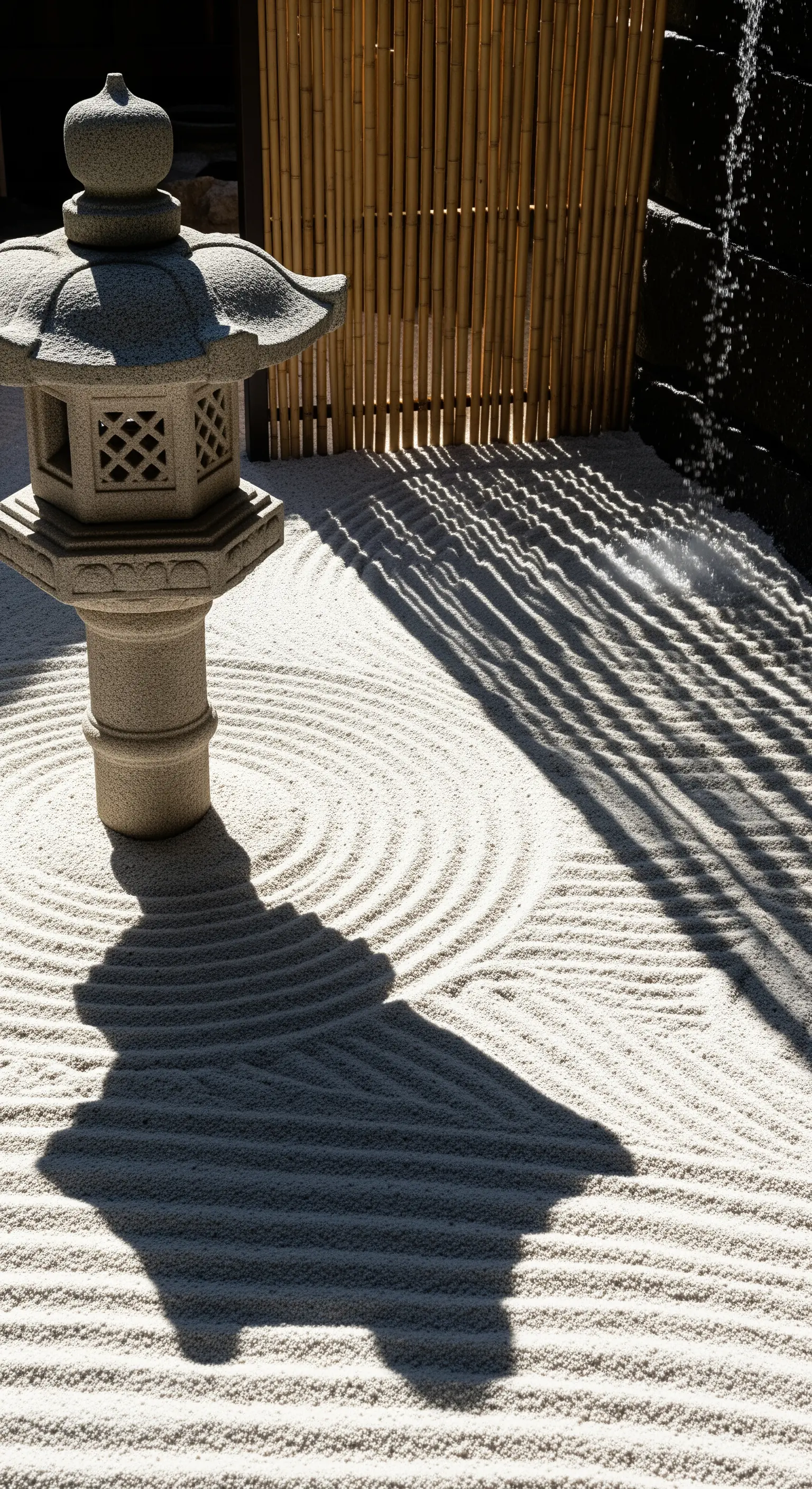 Ombra di una lanterna di pietra proiettata su ghiaia rastrellata sotto il sole.