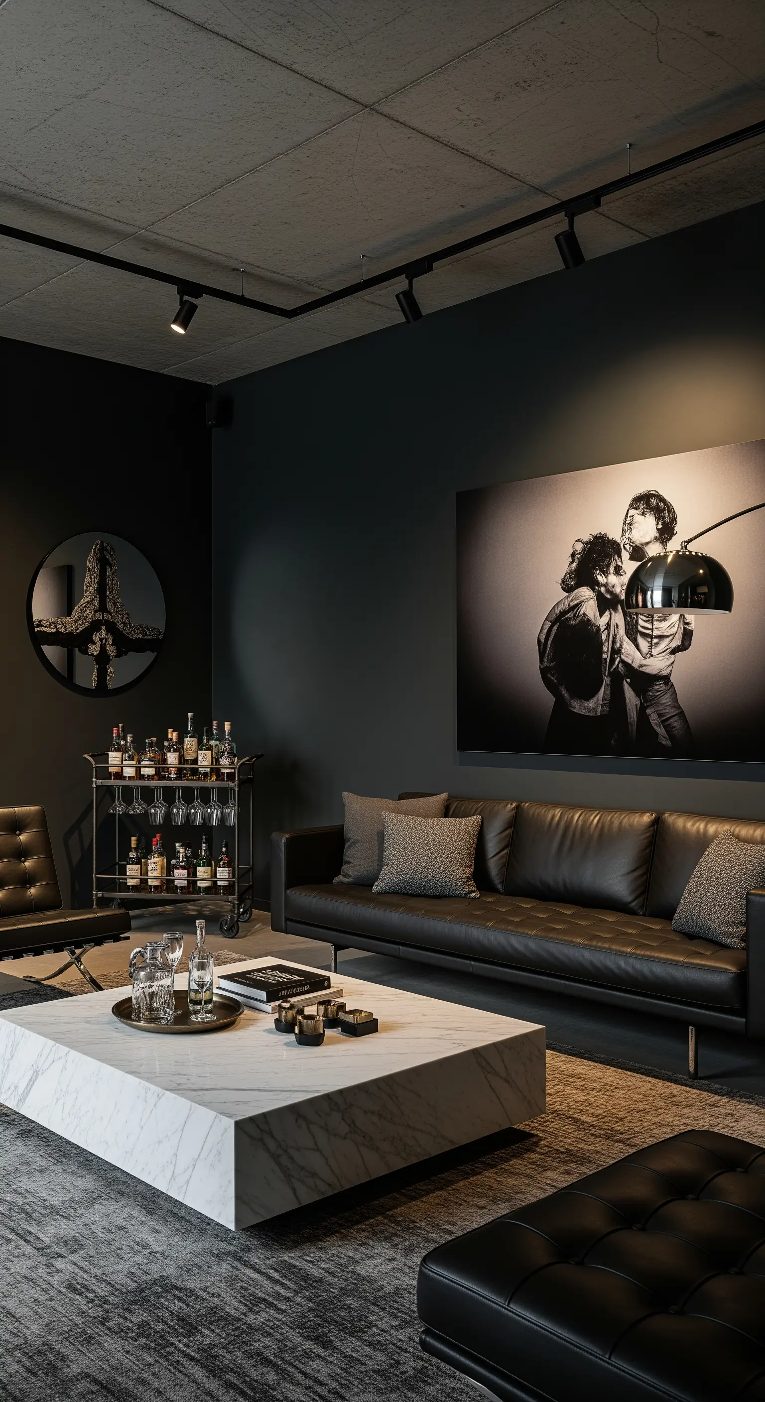 Salotto scuro con divano in pelle nera e una grande fotografia illuminata da faretti.