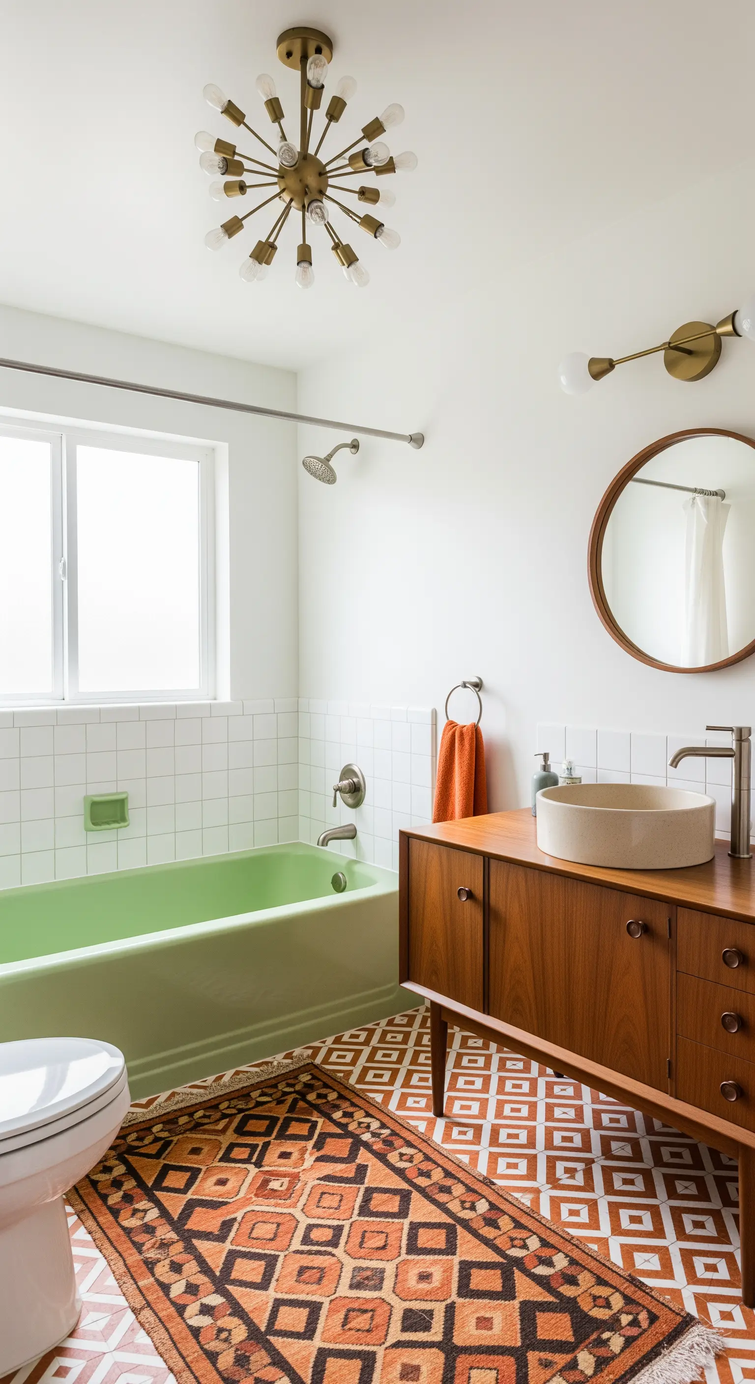 Bagno mid-century con vasca verde, piastrelle geometriche e mobile in legno.