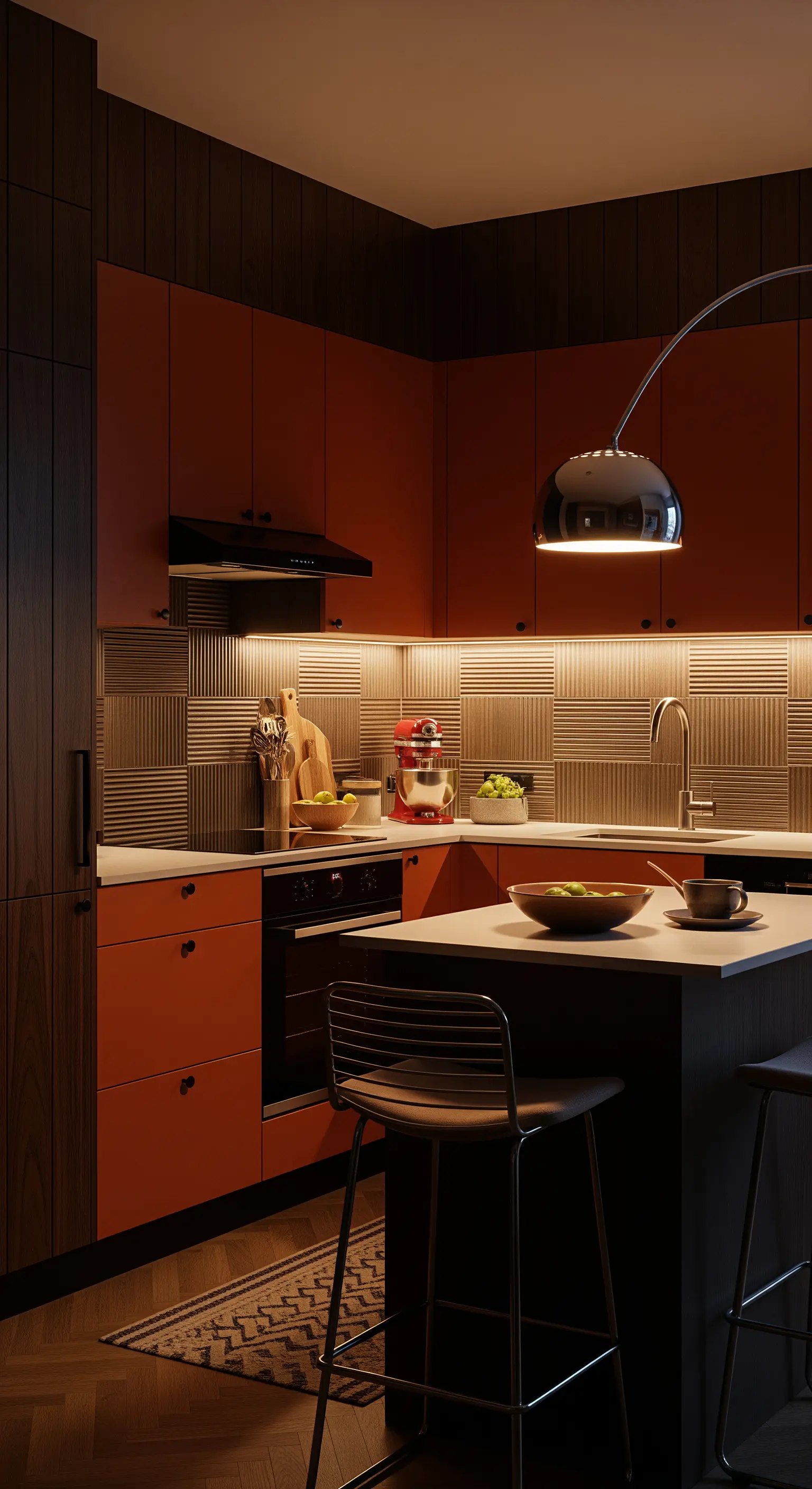 Cucina scura con mobili color terracotta, paraschizzi testurizzato e illuminazione d'accento.