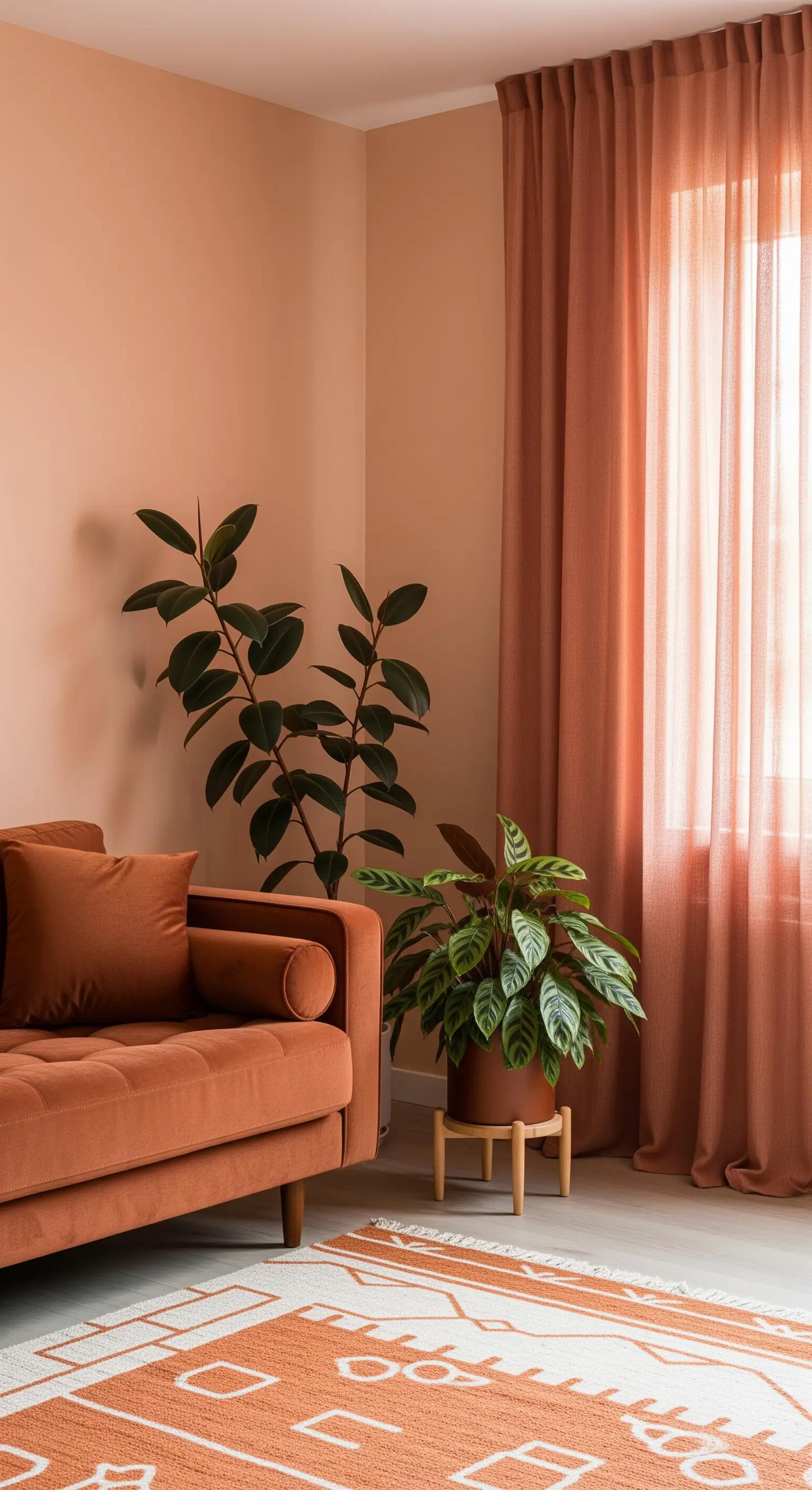 Angolo di un soggiorno con pareti, divano e tende in diverse tonalità di terracotta