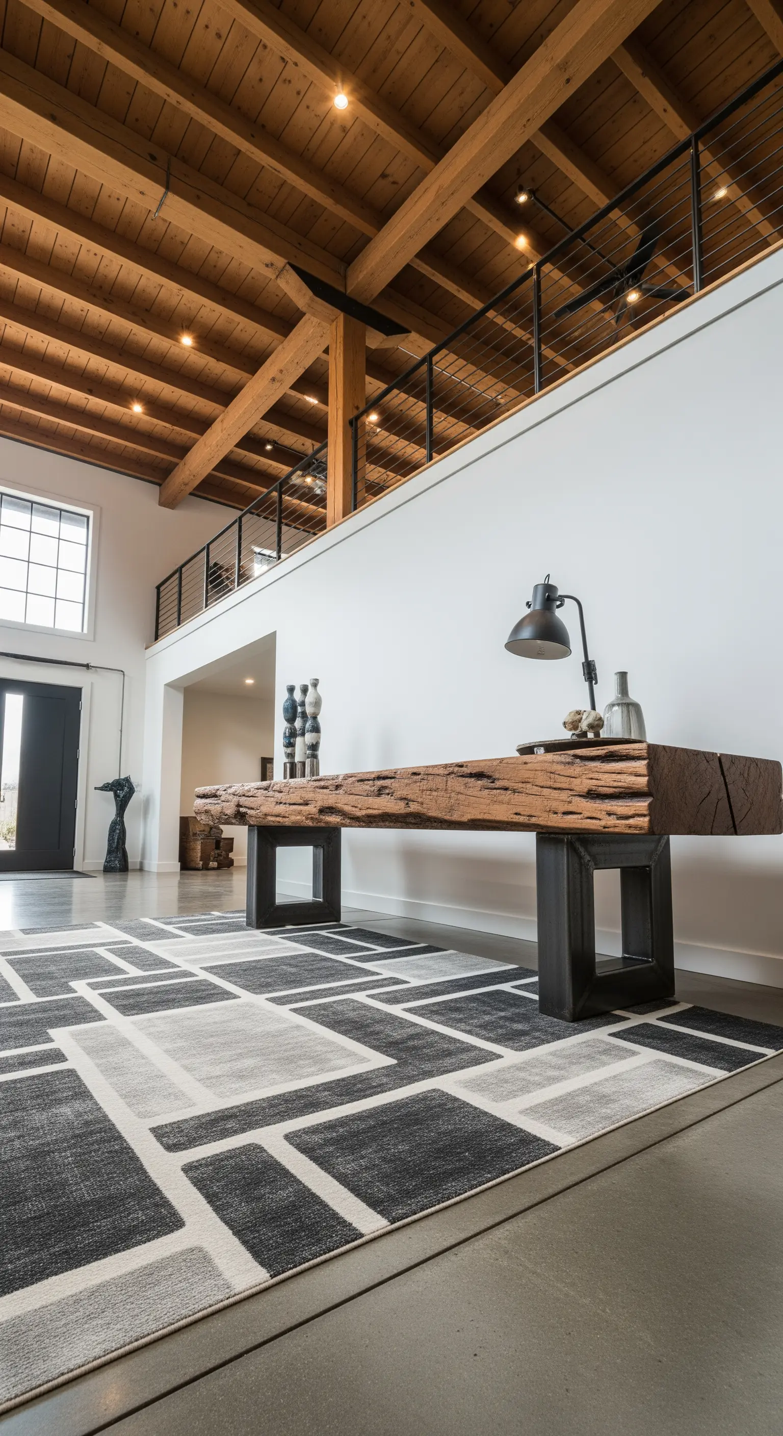 Ampio spazio con soffitto in legno, grande consolle in trave di recupero e tappeto geometrico.