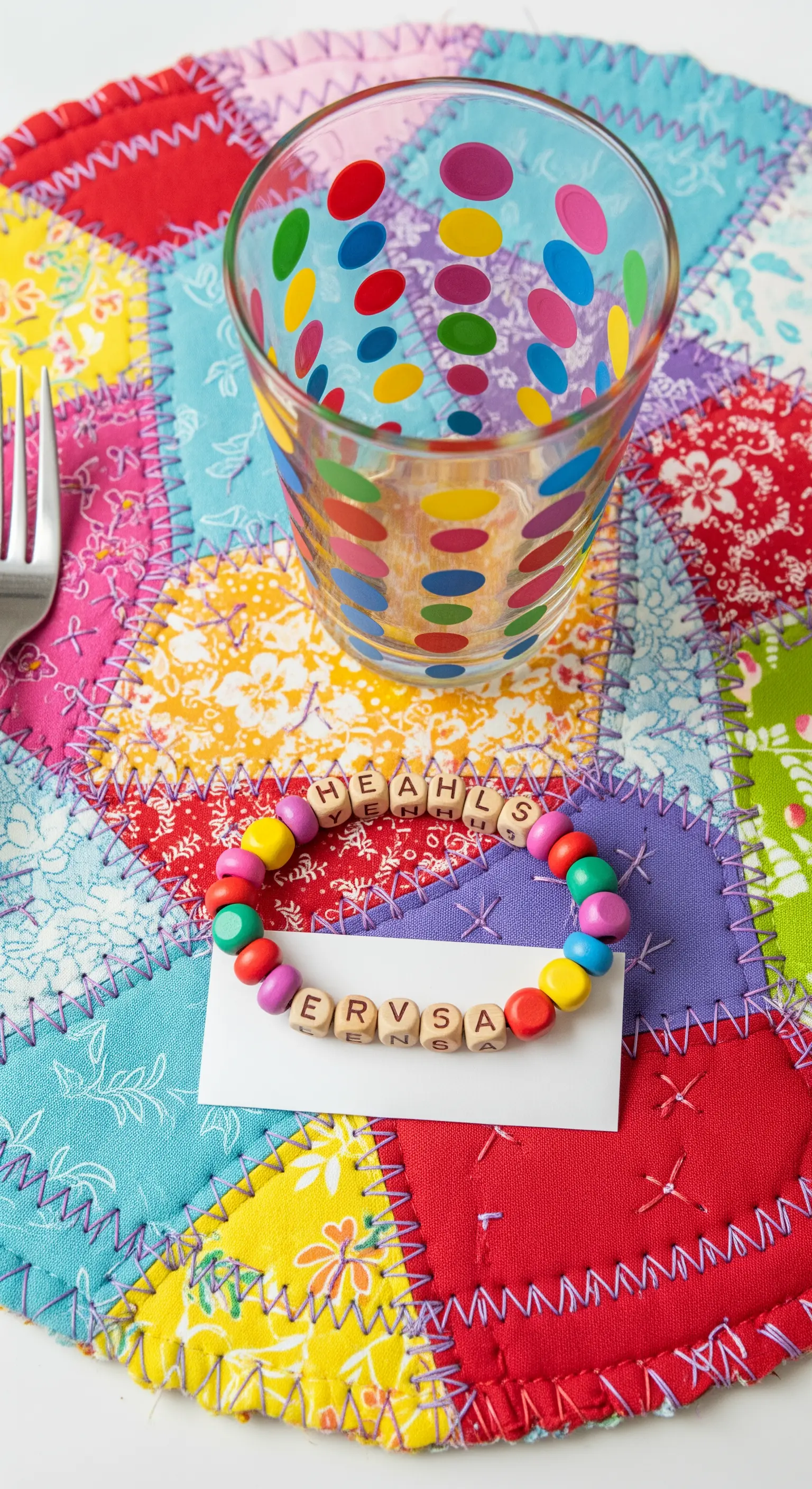 Tavola colorata per bambini con tovaglietta patchwork e braccialetto con nome come segnaposto