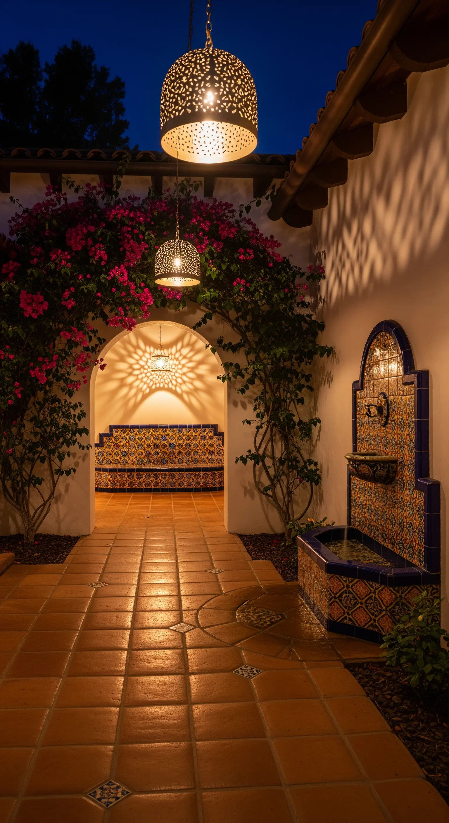 Patio in stile moresco con fontana in maiolica, lampadari traforati e una panca illuminata in una nicchia