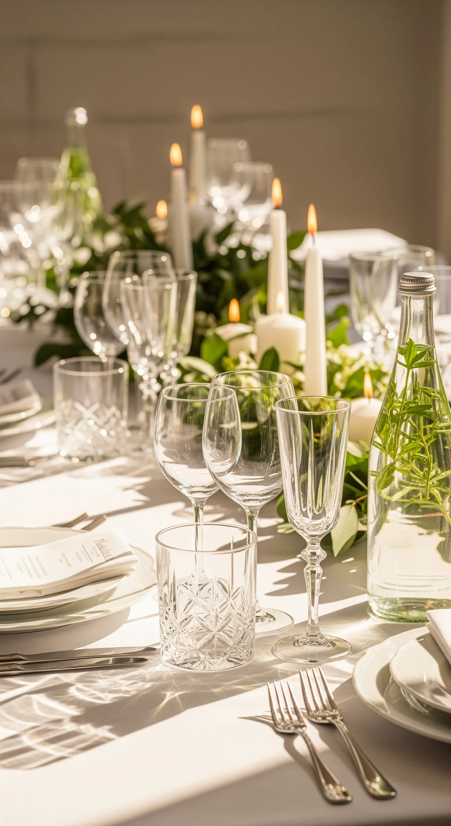 Dettaglio di una tavola natalizia con bicchieri di cristallo illuminati dal sole.