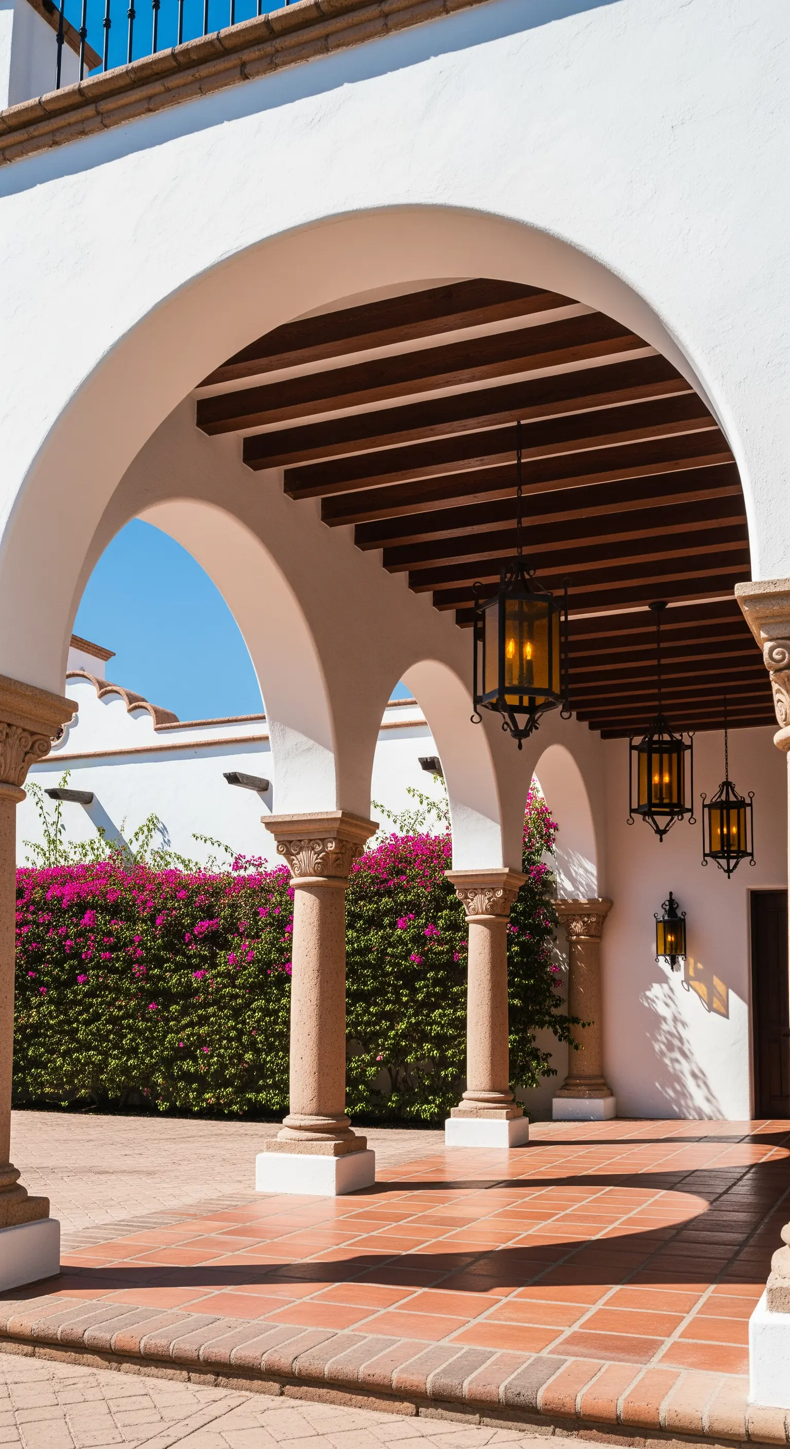 Portico in stile mediterraneo con archi bianchi, travi in legno e lanterne pendenti