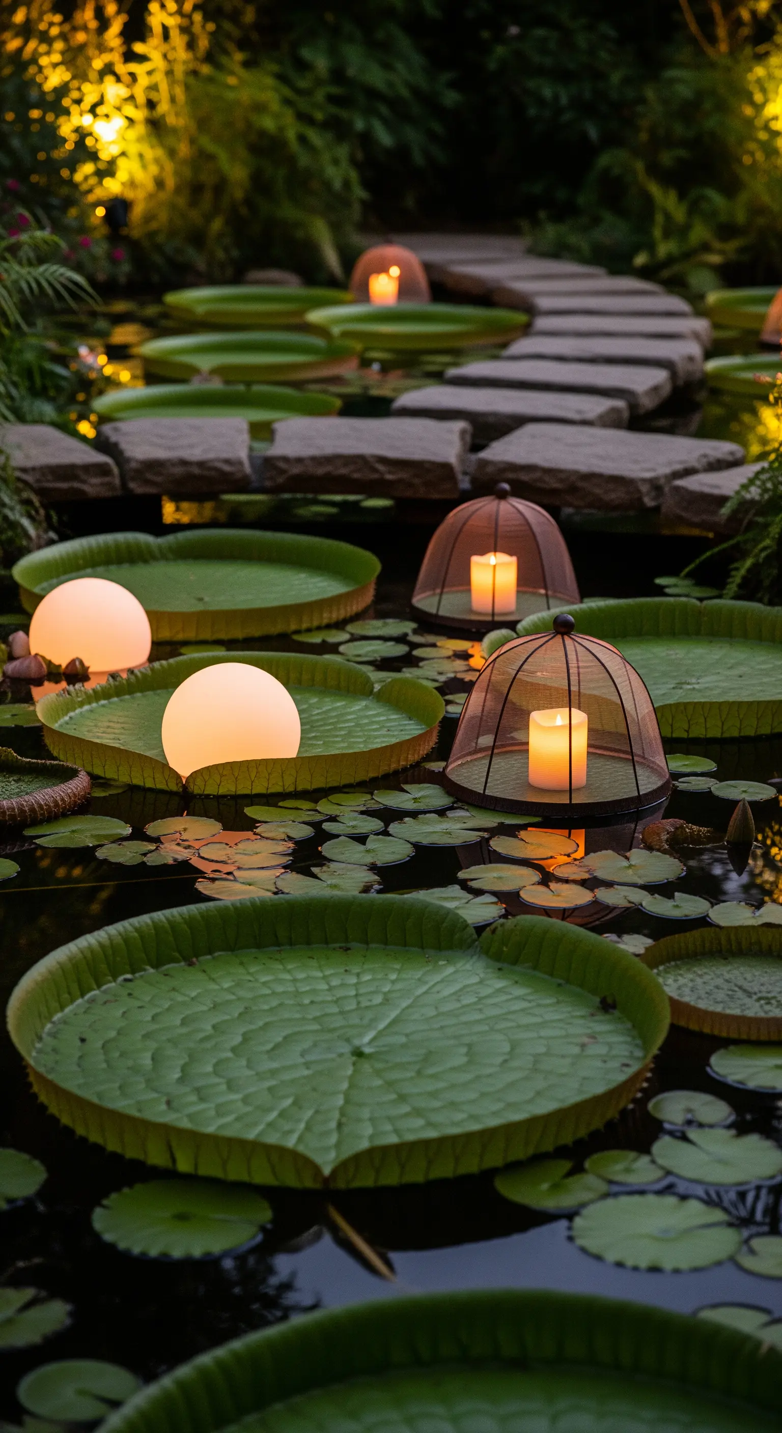 Ninfee giganti in un laghetto che sorreggono sfere luminose e lanterne con candele.