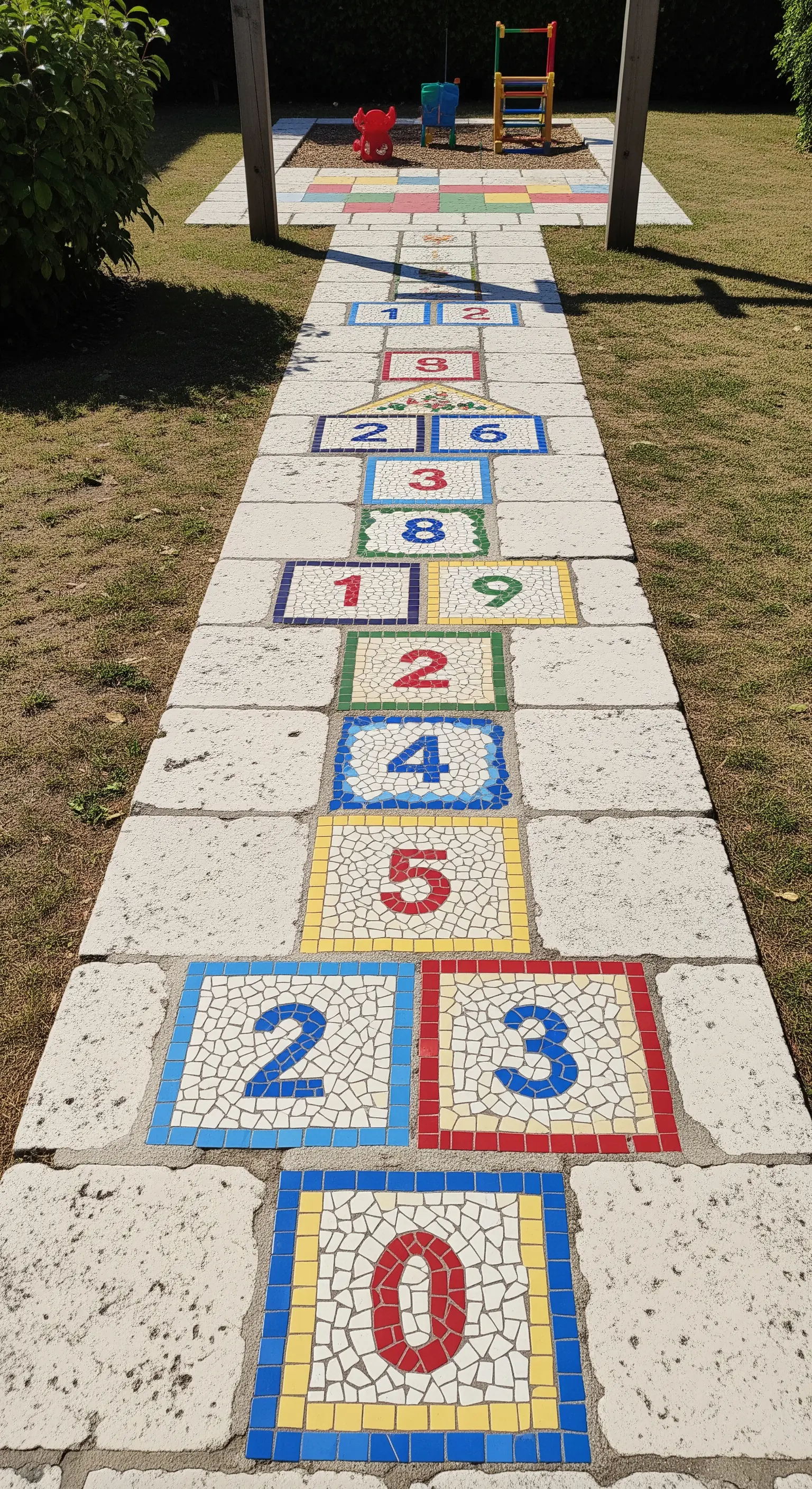 Gioco della campana realizzato con quadrati di mosaico colorati incastonati in un sentiero di pietra.