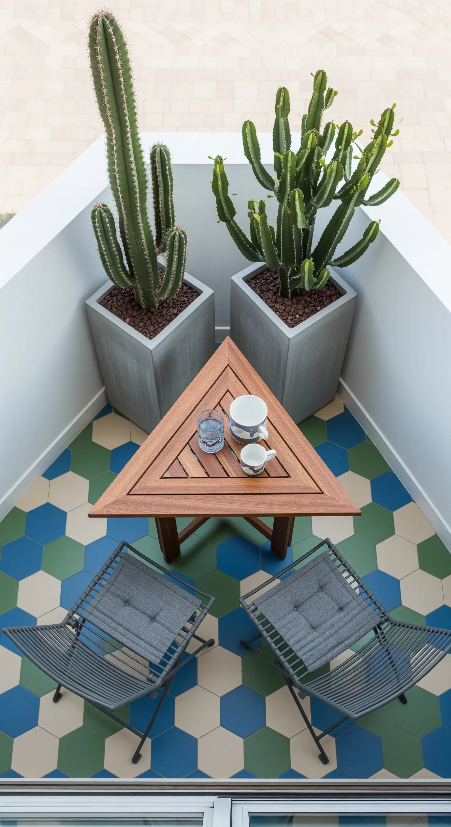 Balcone con piastrelle esagonali colorate, un tavolo triangolare e due grandi cactus in vaso.