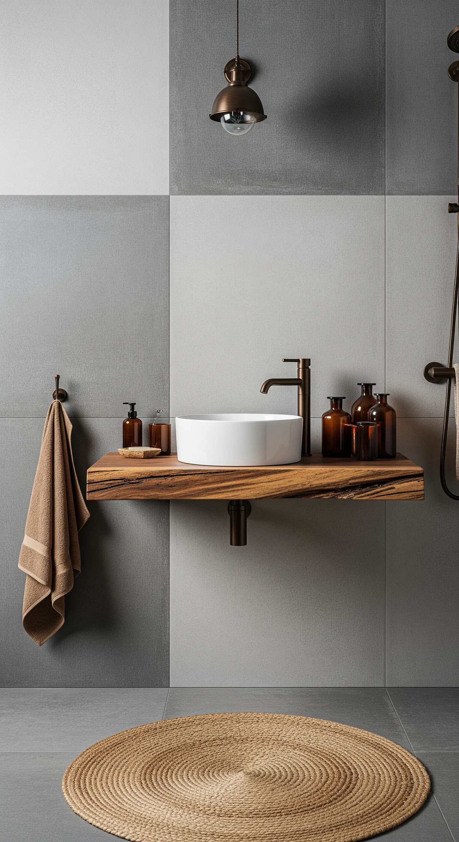 Lavabo bianco su top in legno massiccio, posizionato su una parete a scacchi grigi.