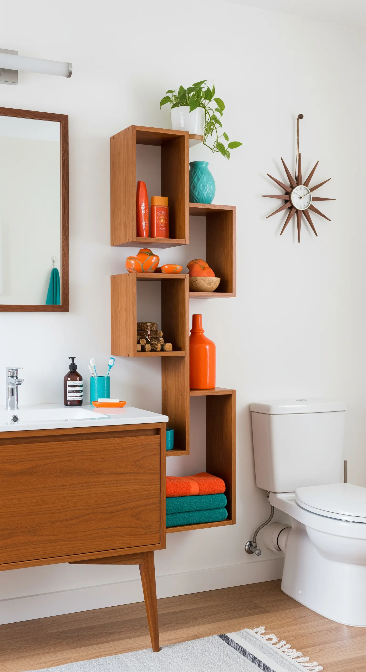 Libreria a cubi asimmetrici in legno, con accessori e asciugamani arancioni e turchesi.