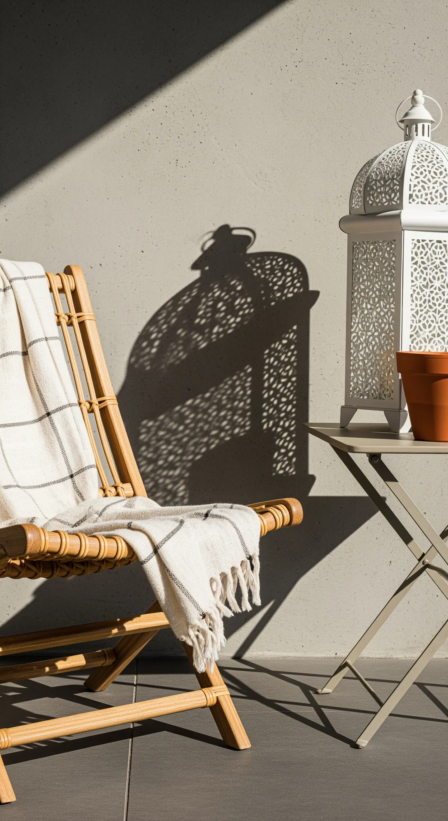 Sedia in bambù con plaid e una lanterna bianca traforata che proietta ombre sulla parete.