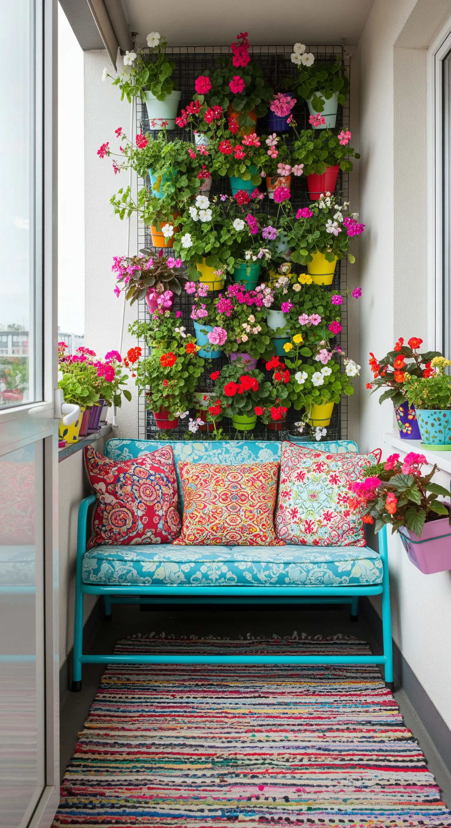 Balcone stretto con panchina turchese e una parete di fiori colorati in vasi diversi.