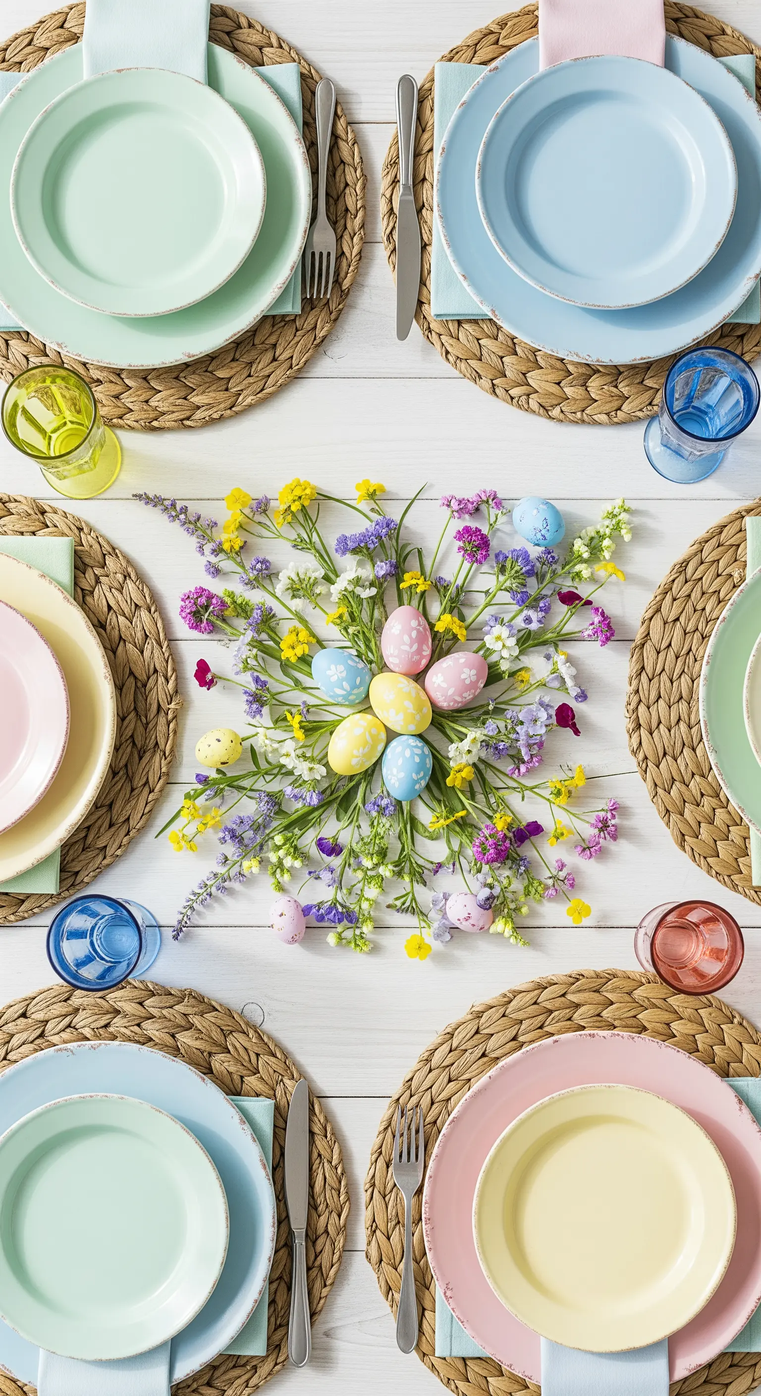 Tavola di Pasqua vista dall'alto con piatti color pastello, sottopiatti in rafia e uova decorate