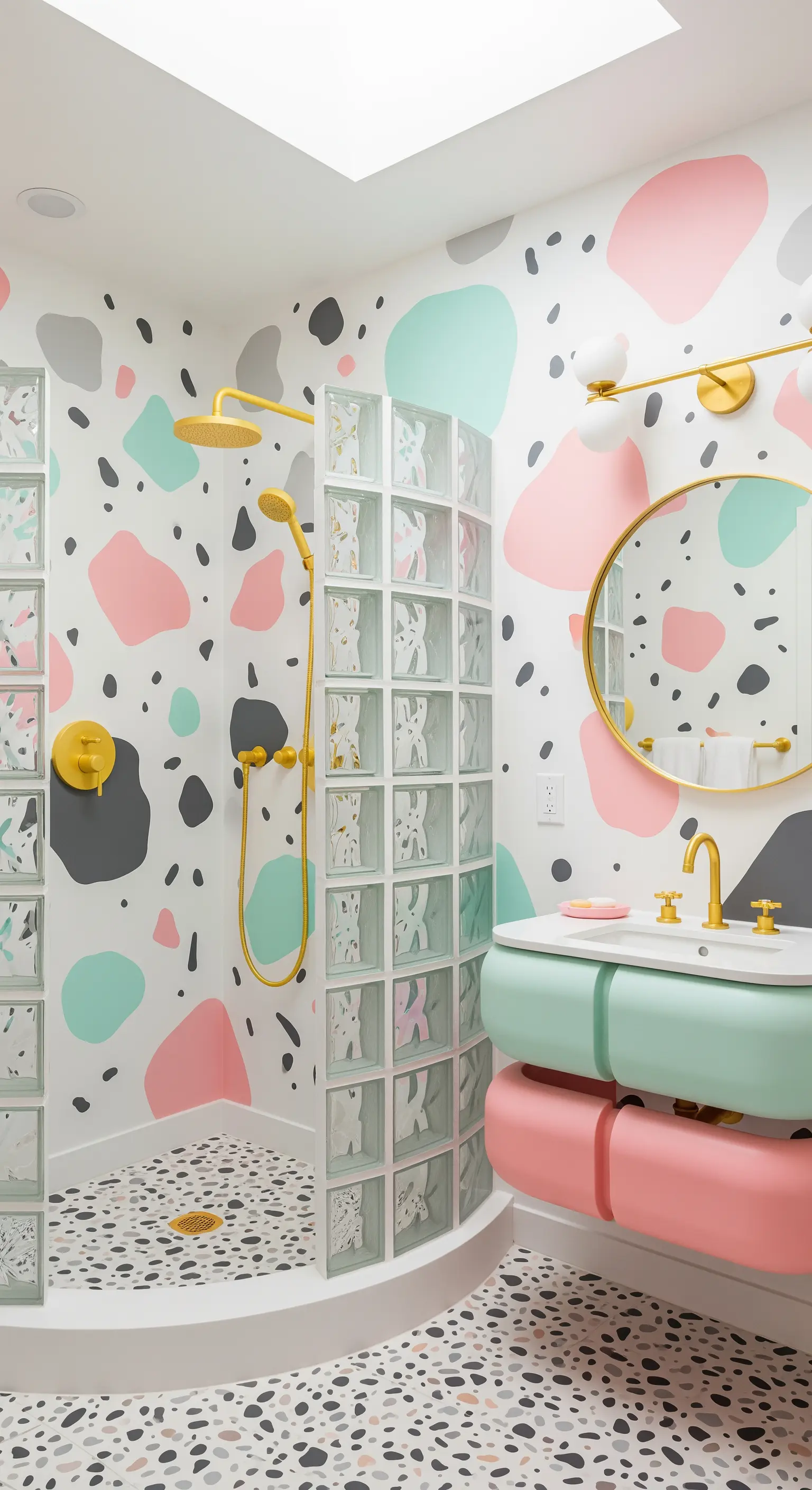 Bagno colorato in stile Memphis con pareti a pattern astratto e doccia curva in vetrocemento.