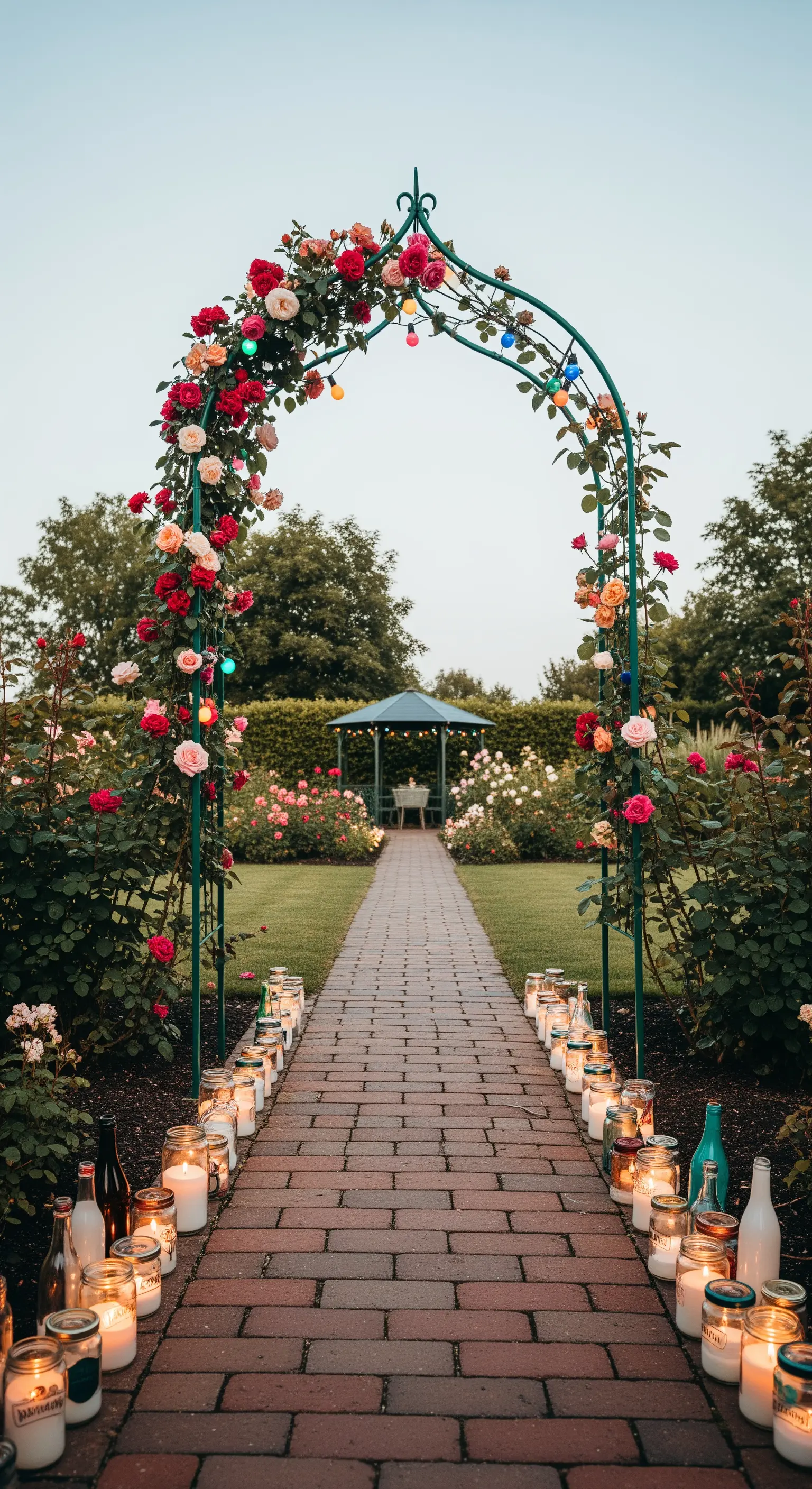 Arco in metallo con rose multicolori e un sentiero bordato da candele in barattoli di vetro riciclati.