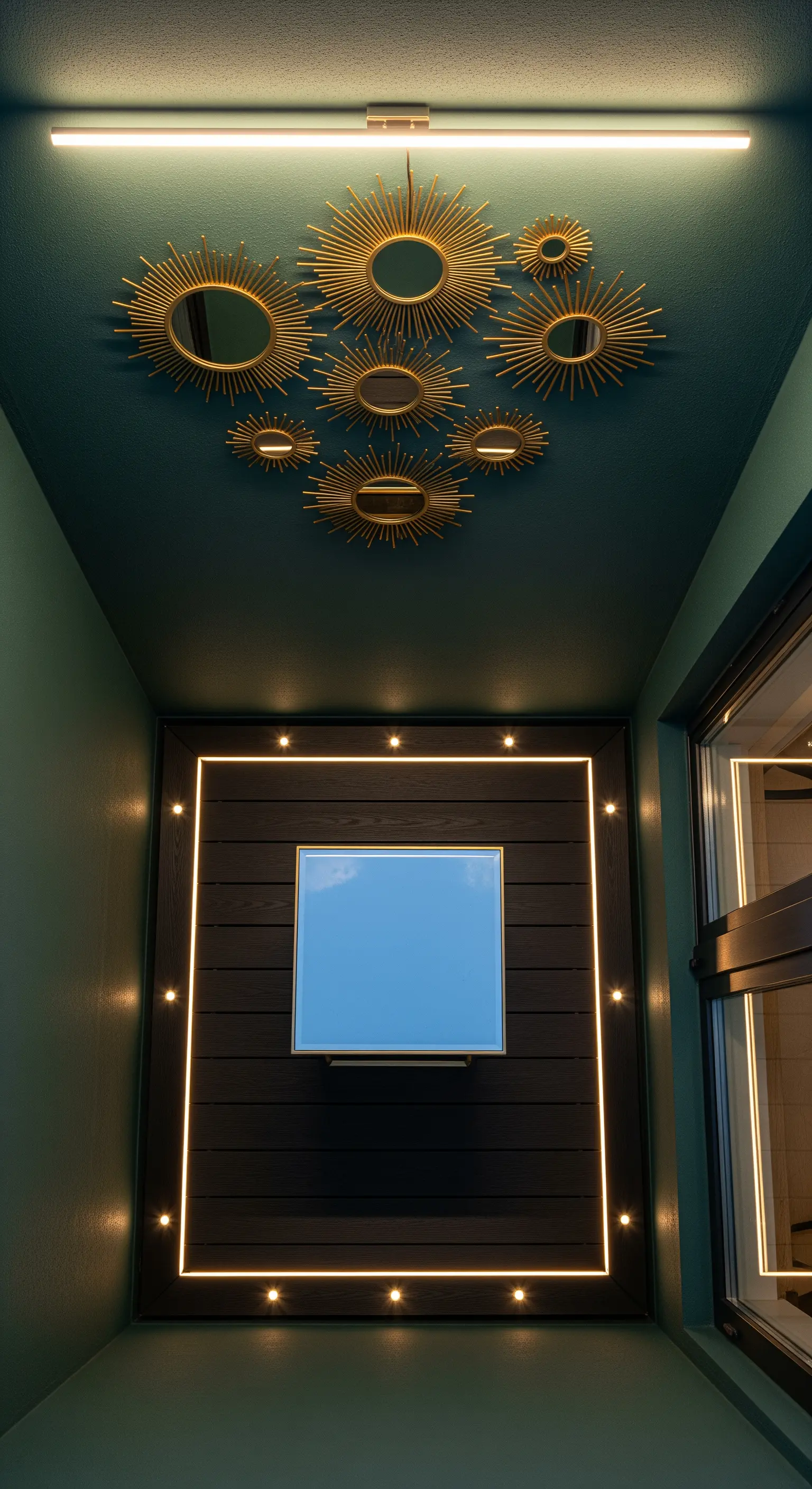 Balcone verde scuro con specchio quadrato incorniciato da LED e specchi a raggiera sul soffitto.