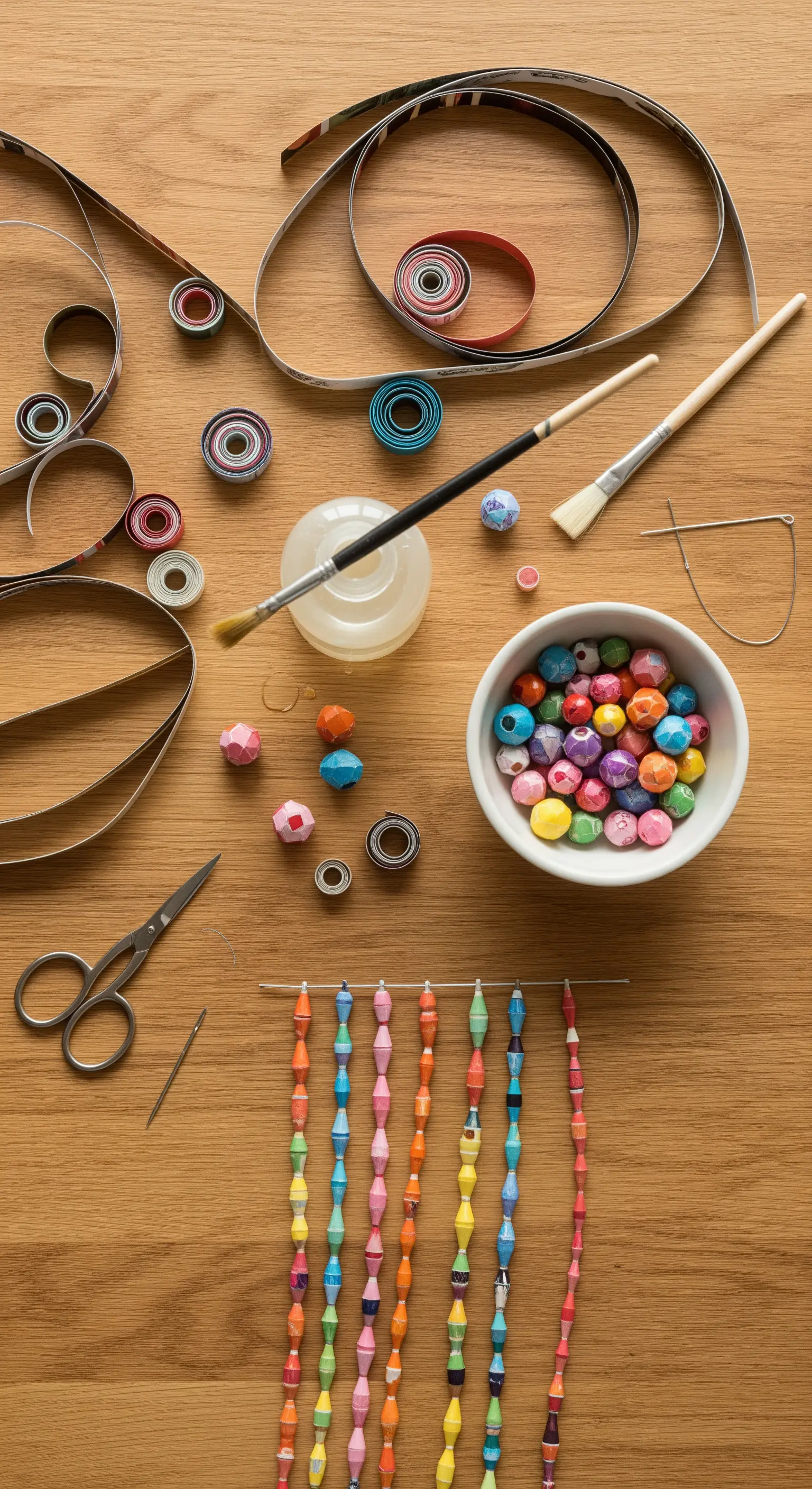 Materiali per creare perle di carta: strisce di riviste, colla, forbici e perle finite.