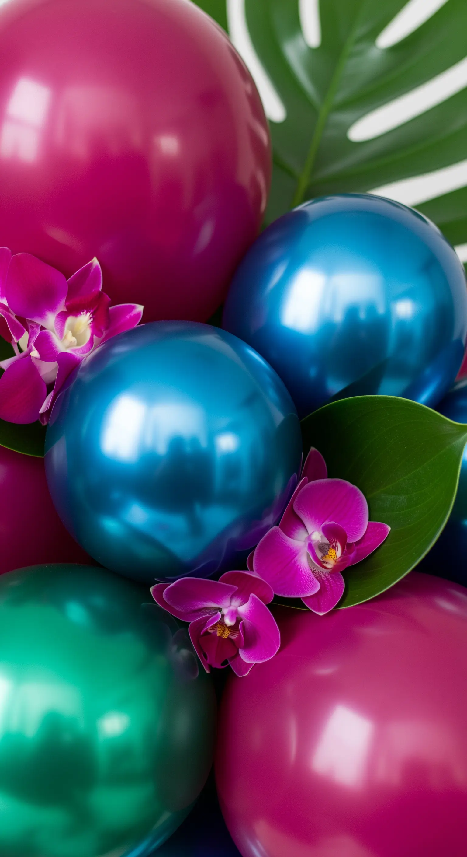 Dettaglio di palloncini metallizzati color magenta e blu con piccole orchidee fucsia.