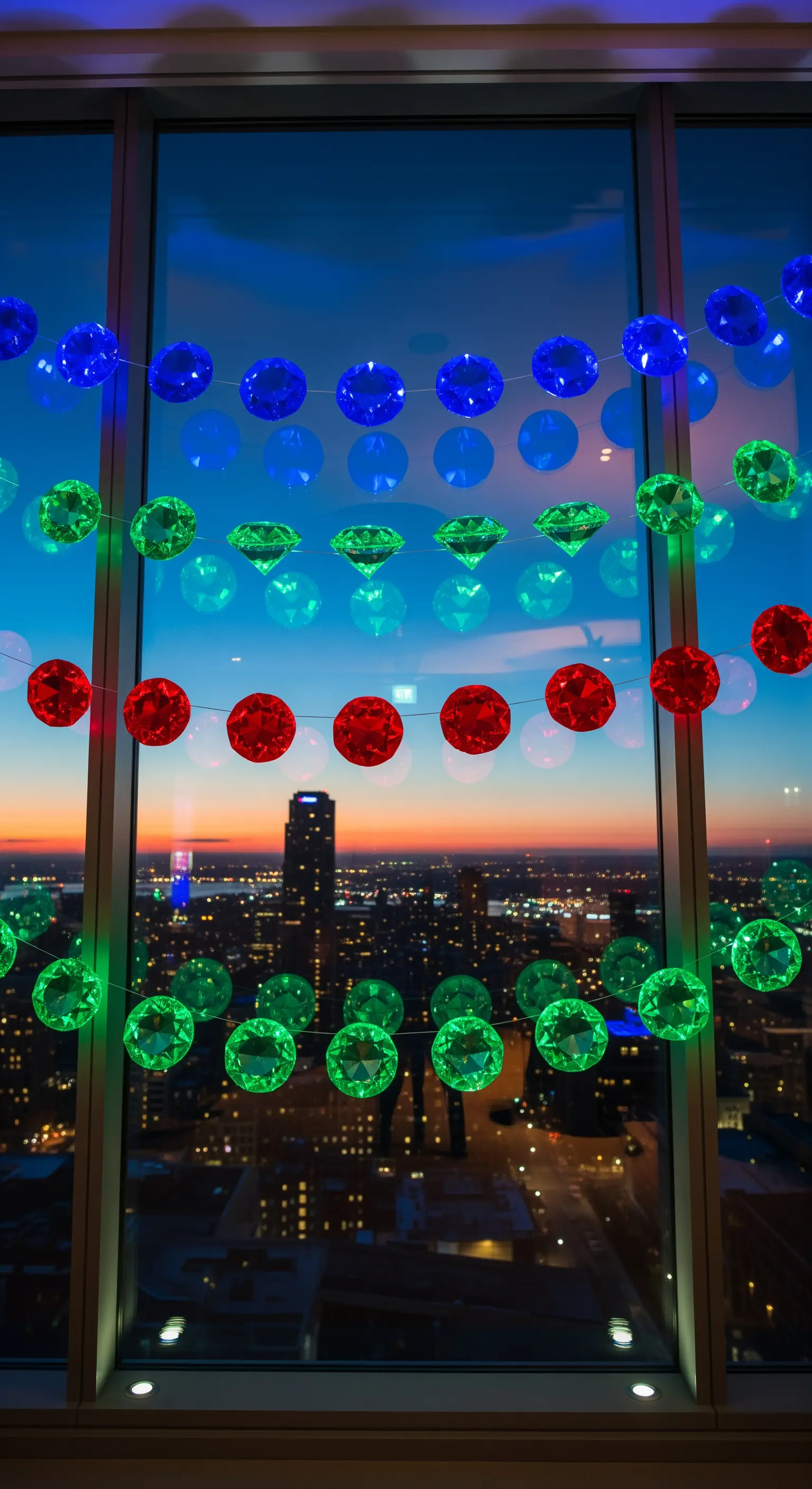 Finestra con vista sulla città decorata con ghirlande di gemme colorate.