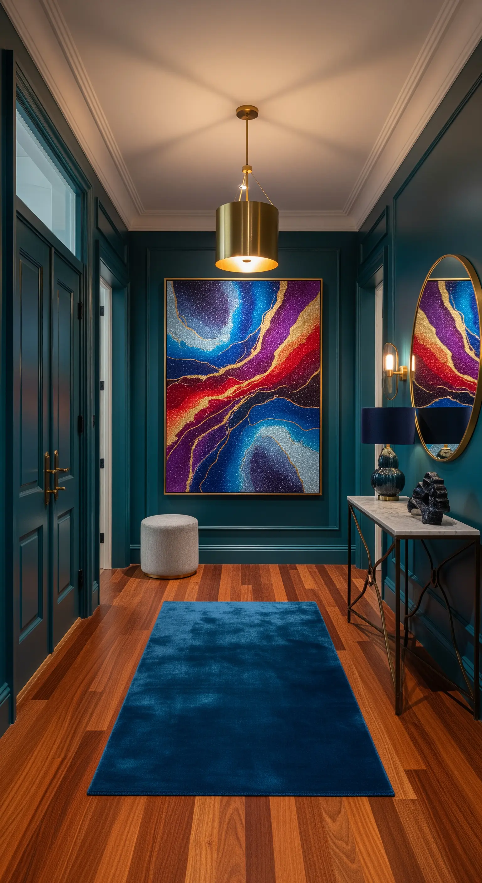 Corridoio blu petrolio con quadro astratto multicolore, tappeto di velluto e dettagli in ottone.