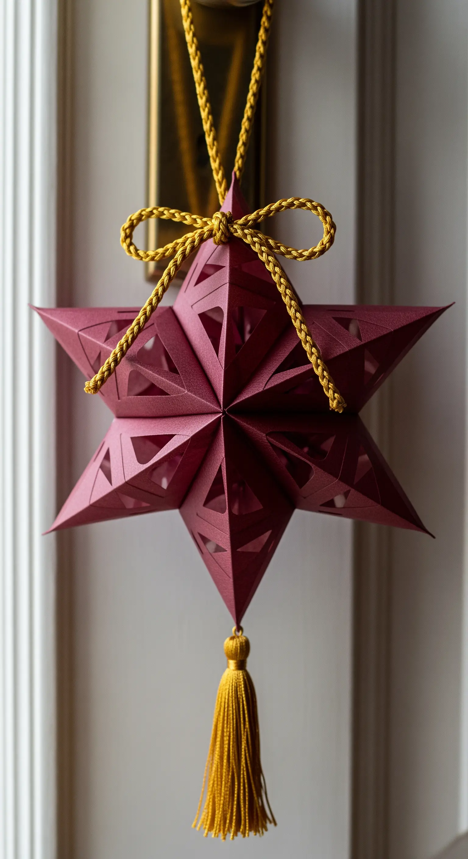 Stella di carta bordeaux intagliata con nappina dorata appesa a una maniglia