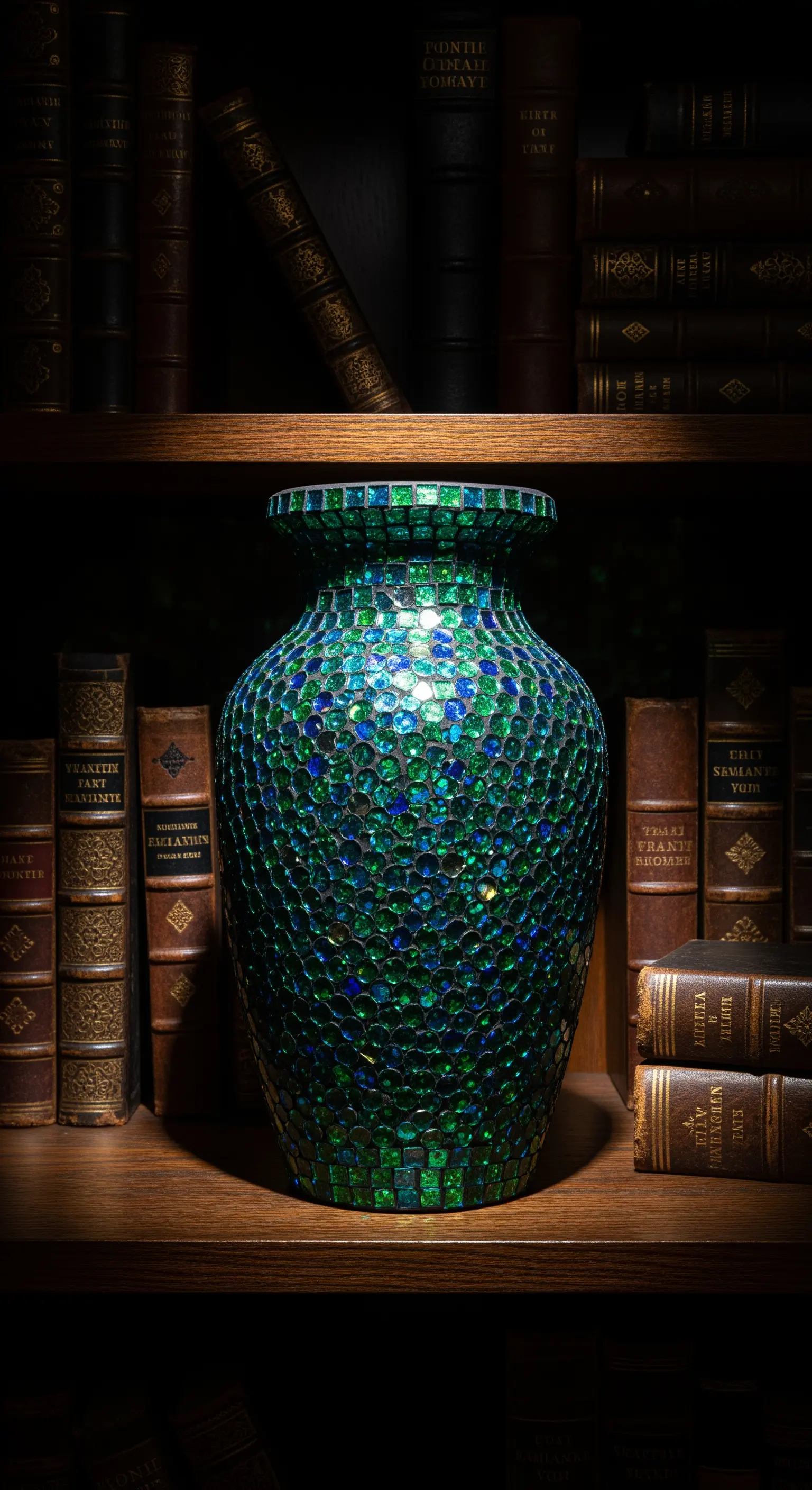 Vaso a mosaico con tessere scintillanti blu e verdi, posizionato su una mensola di una libreria antica.