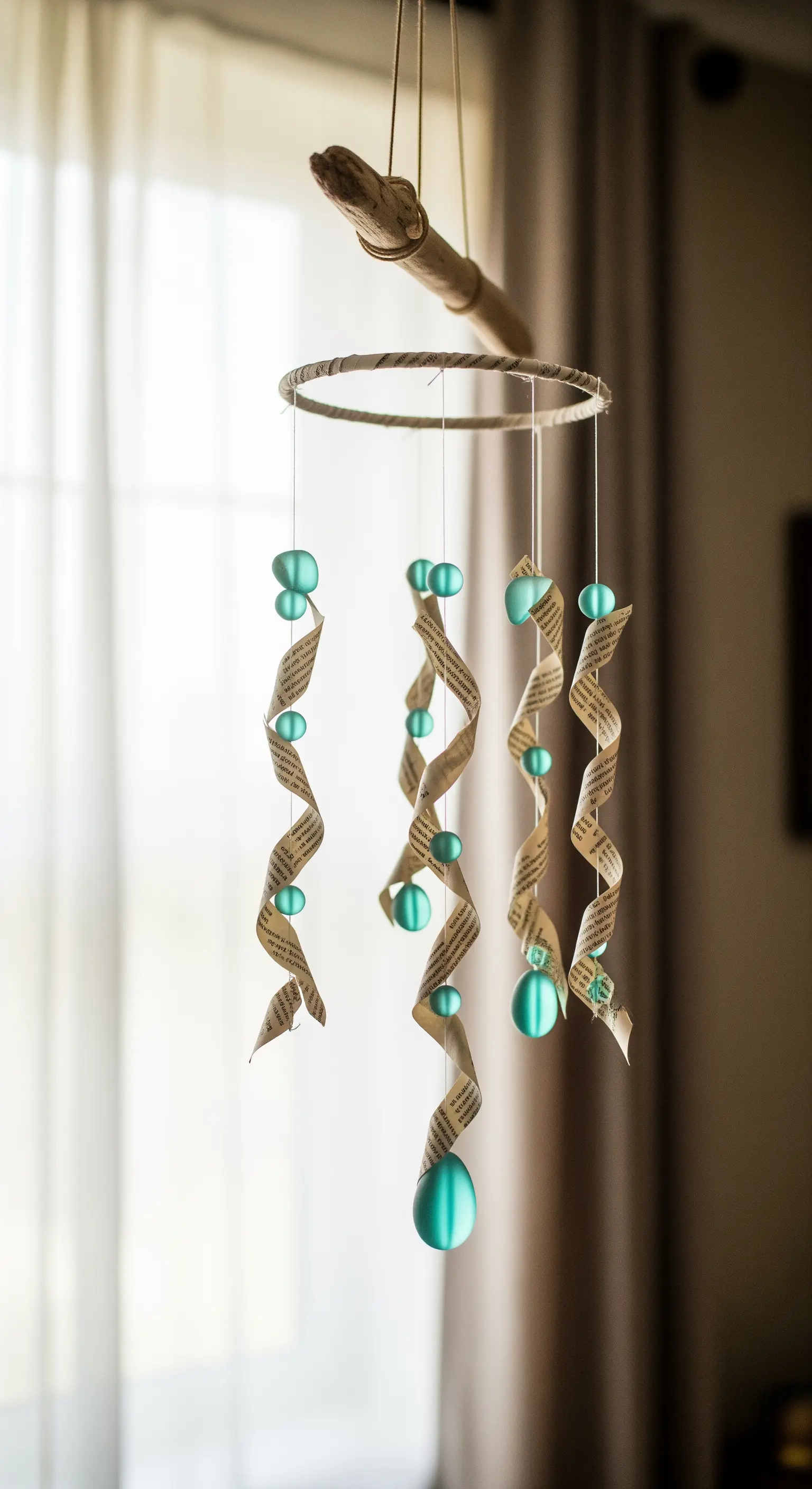 Giostrina mobile fai-da-te con spirali di pagine di libro e perline turchesi appesa a un ramo.