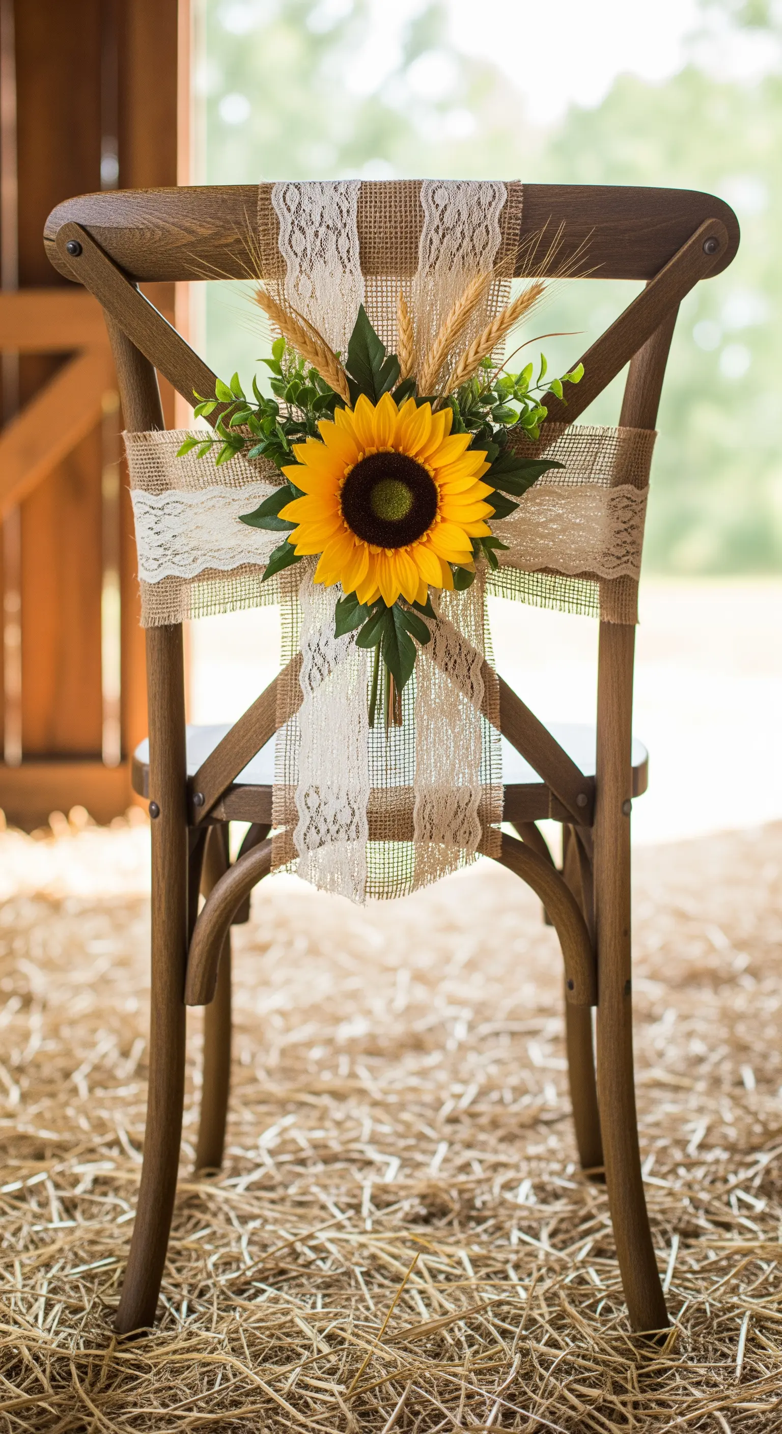 Sedia in legno con schienale a croce, decorata con juta, pizzo e un grande girasole.