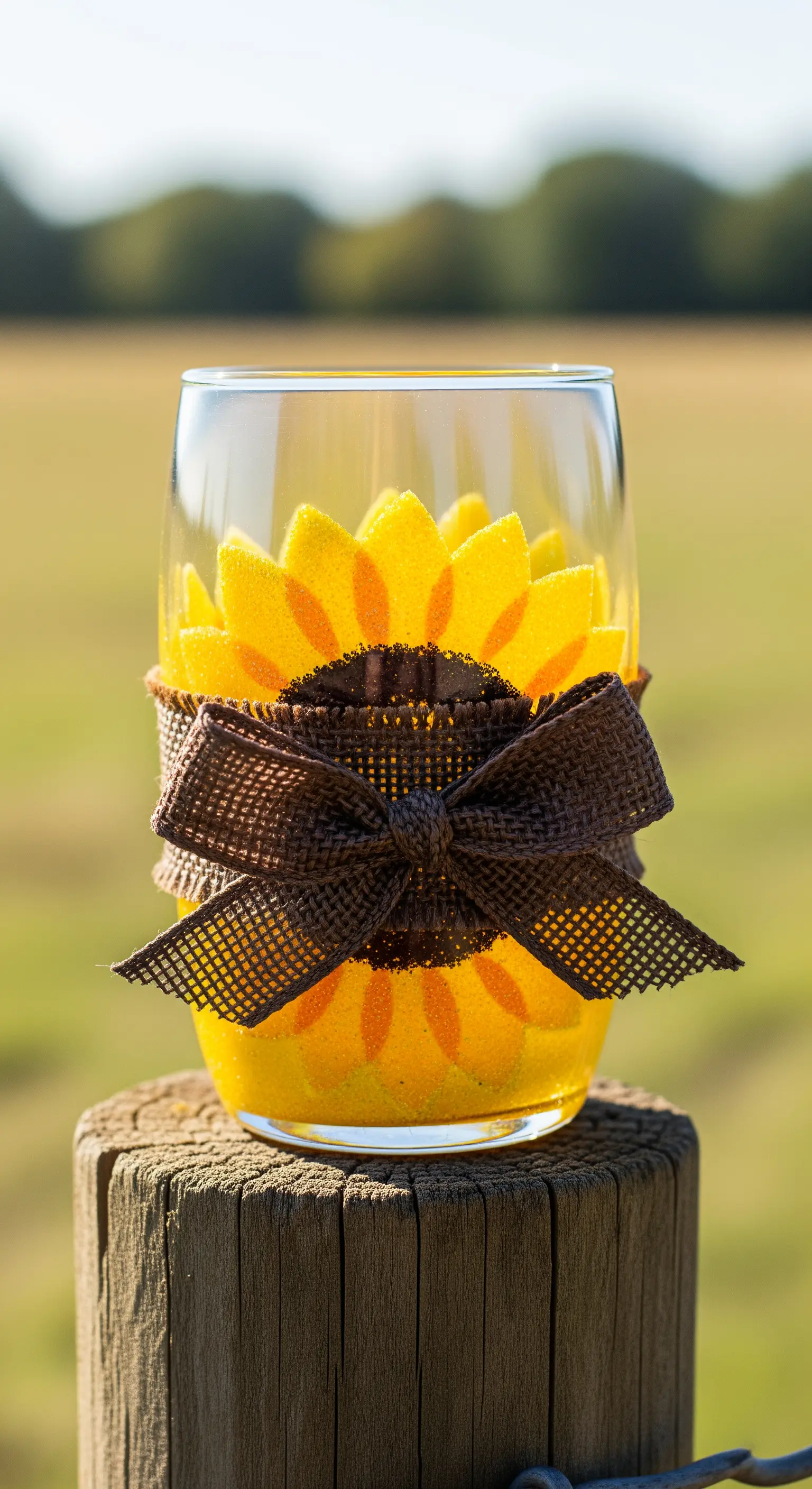 Bicchiere con un girasole glitterato e un fiocco di iuta marrone.