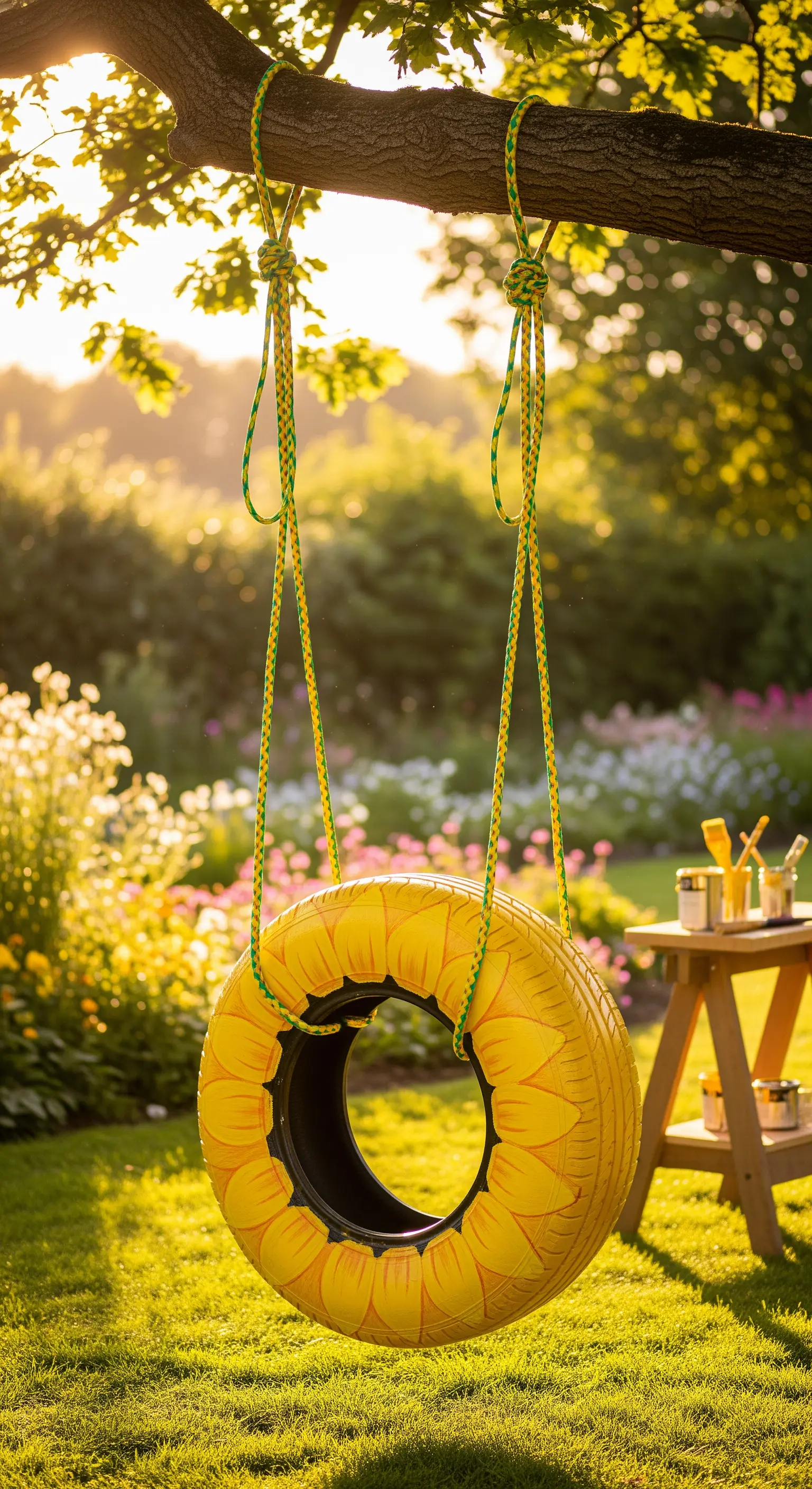 Altalena fai-da-te con pneumatico dipinto a mano come un grande girasole giallo.