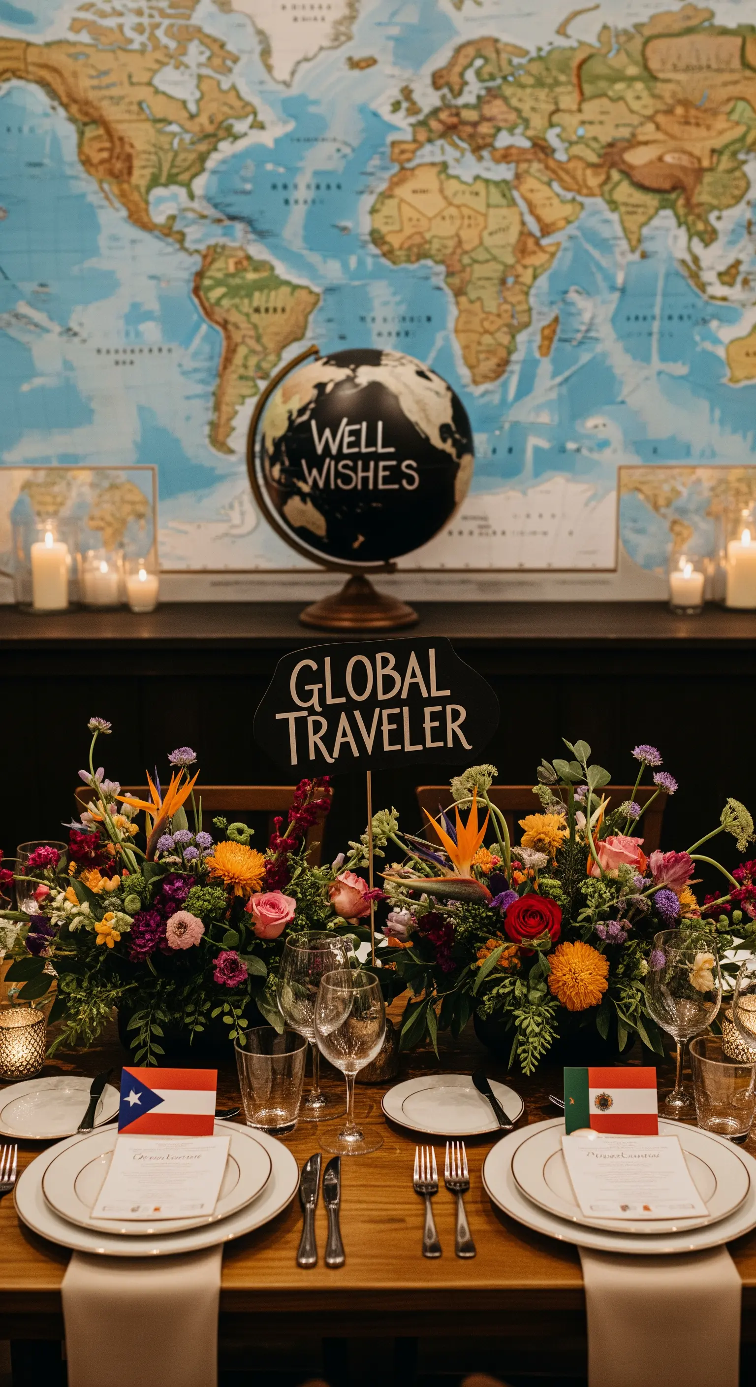 Tavola a tema viaggio con mappamondo, fiori esotici e bandierine come segnaposto.