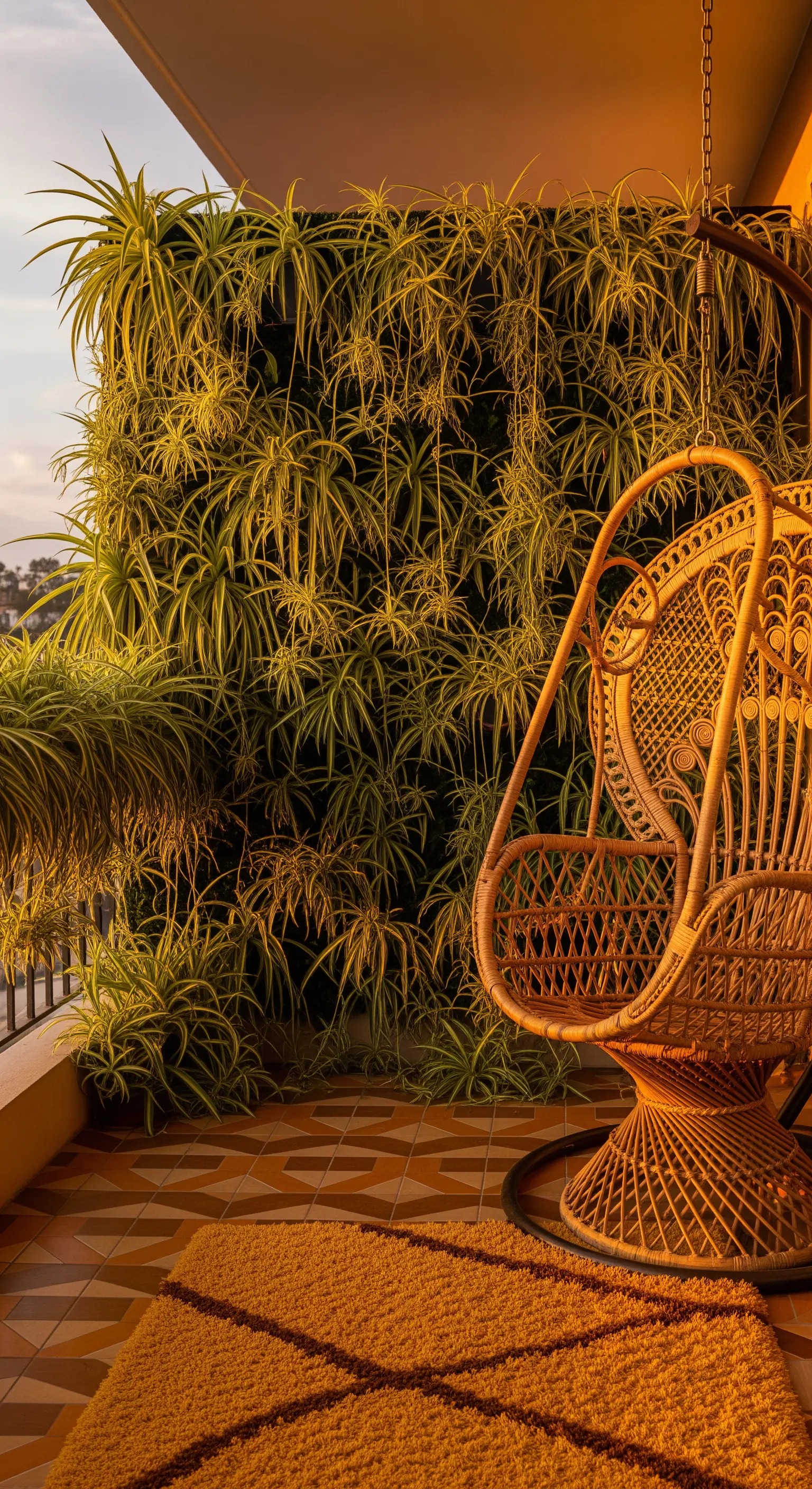 Poltrona Peacock in rattan su un balcone con una parete di piante a cascata dalle foglie gialle.