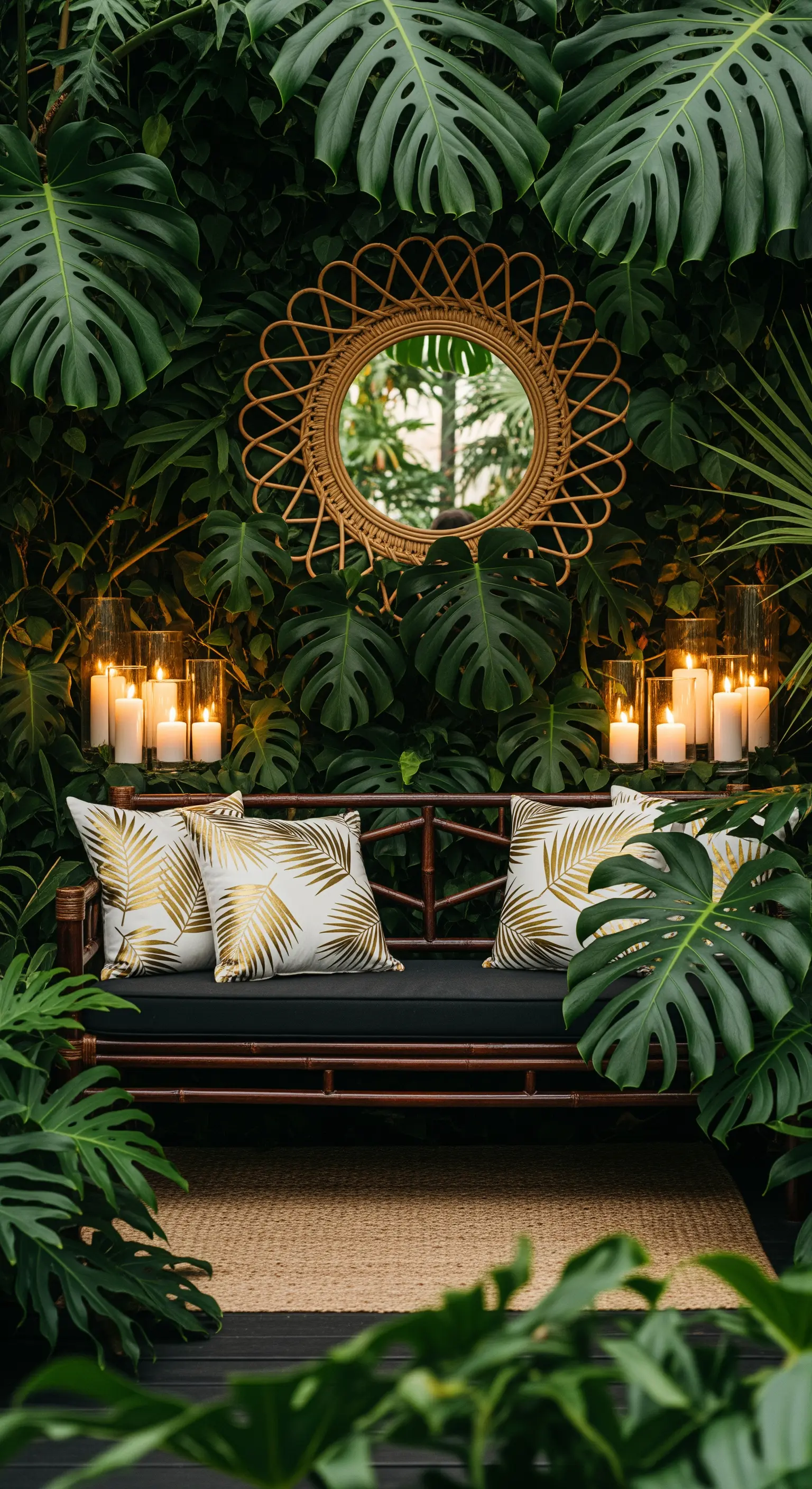 Angolo tropicale con divano in bambù, specchio in rattan e cuscini a foglia dorata.