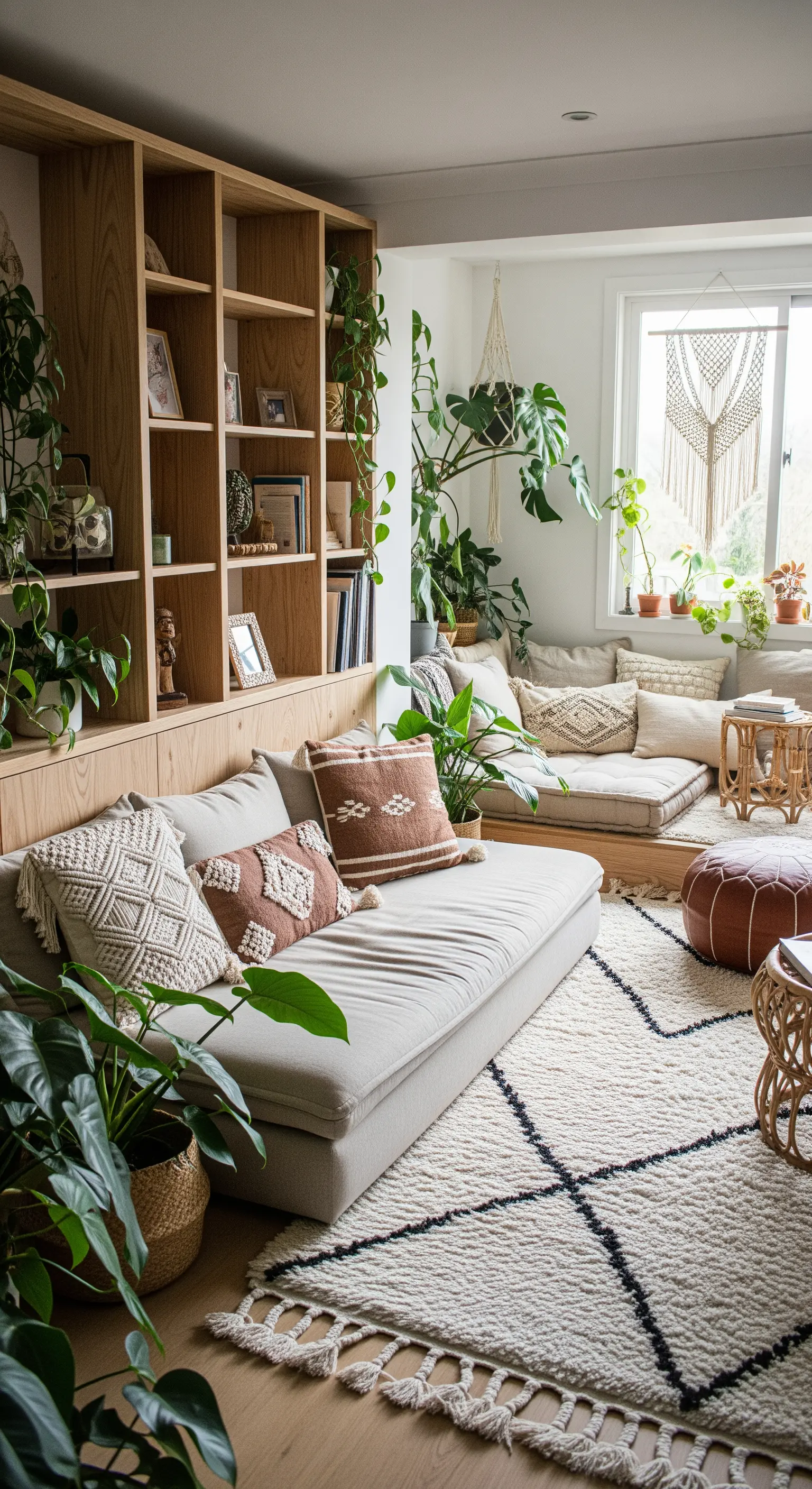 Soggiorno boho con grande libreria in legno, tante piante da interno e tappeto berbero.