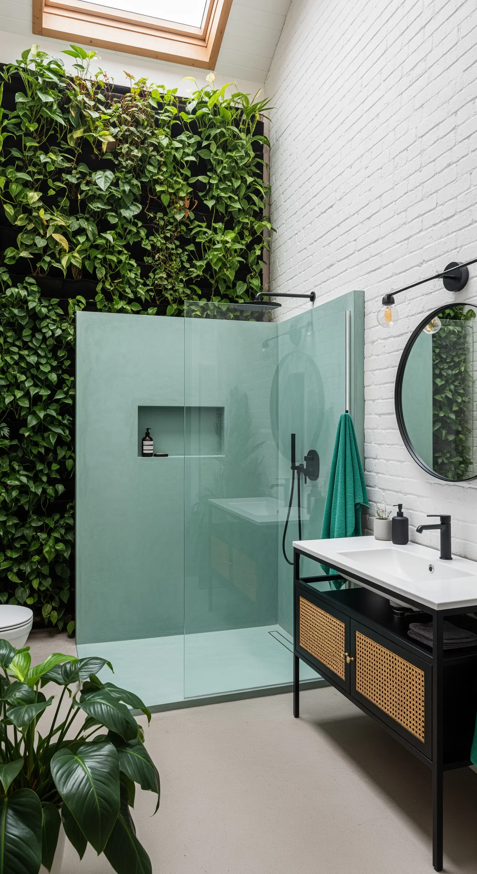 Bagno con giardino verticale, parete di mattoni bianchi e mobile in rattan nero.
