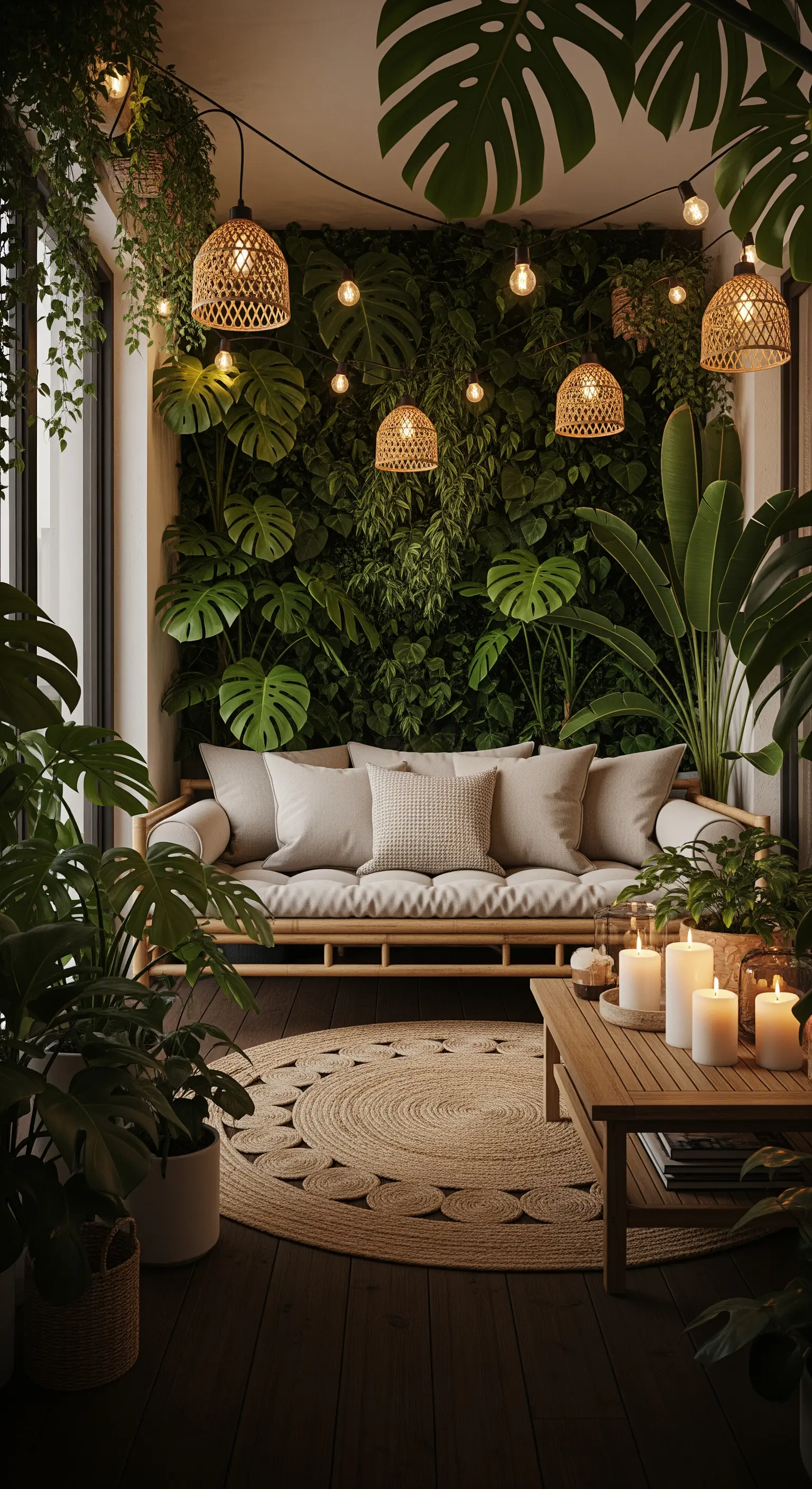 Balcone con parete verde, divano in bambù e lampade pendenti in rattan.