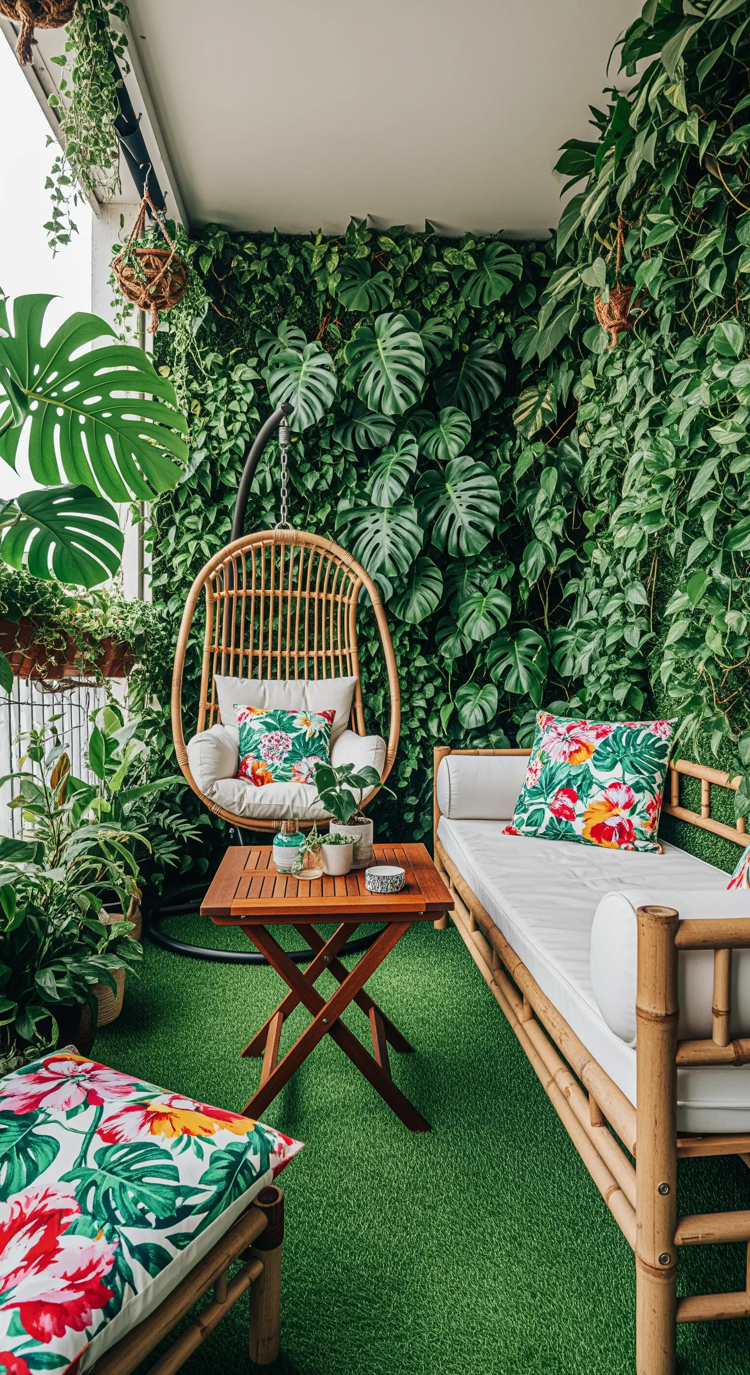 Balcone trasformato in giungla con pareti verdi, sedia sospesa in rattan e arredi in bambù