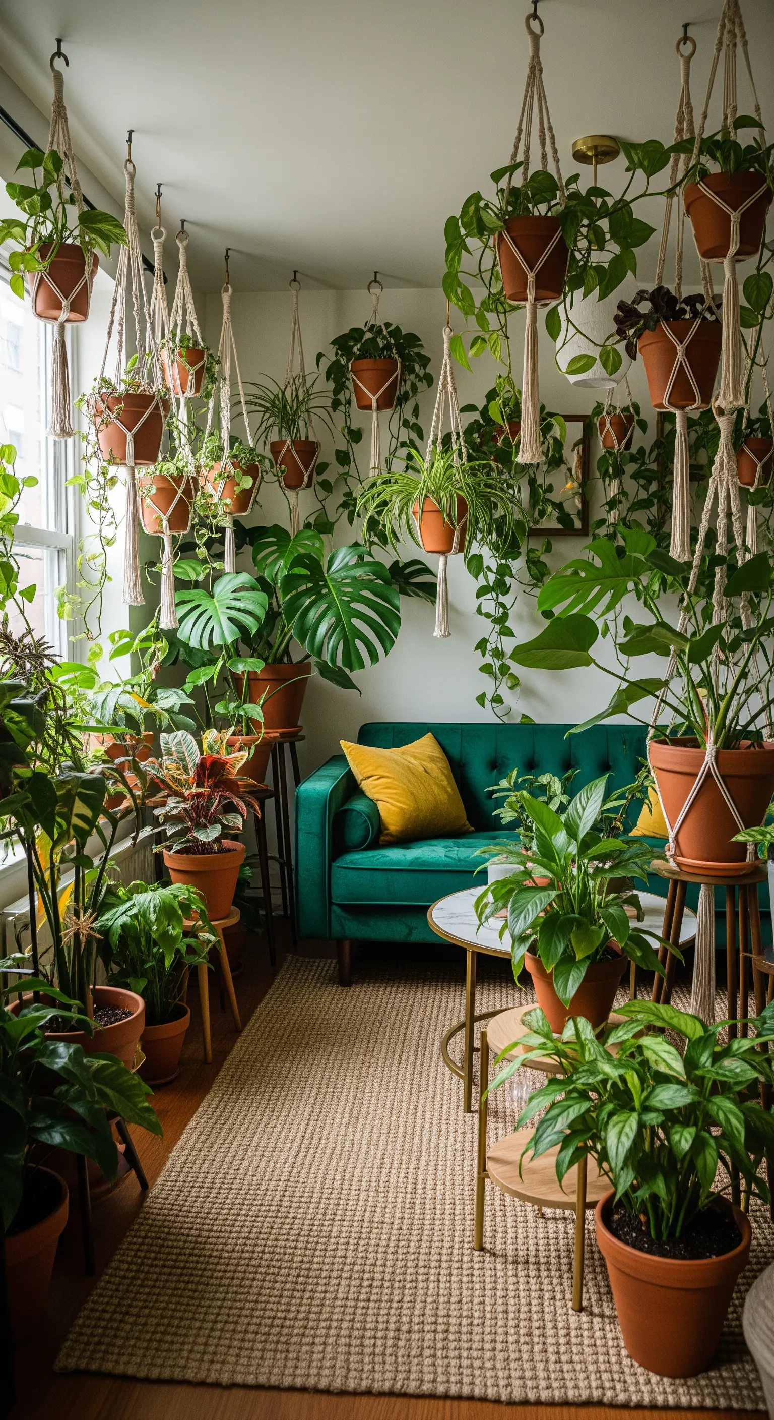 Piccolo soggiorno pieno di piante sospese e a terra, con un divano in velluto verde.