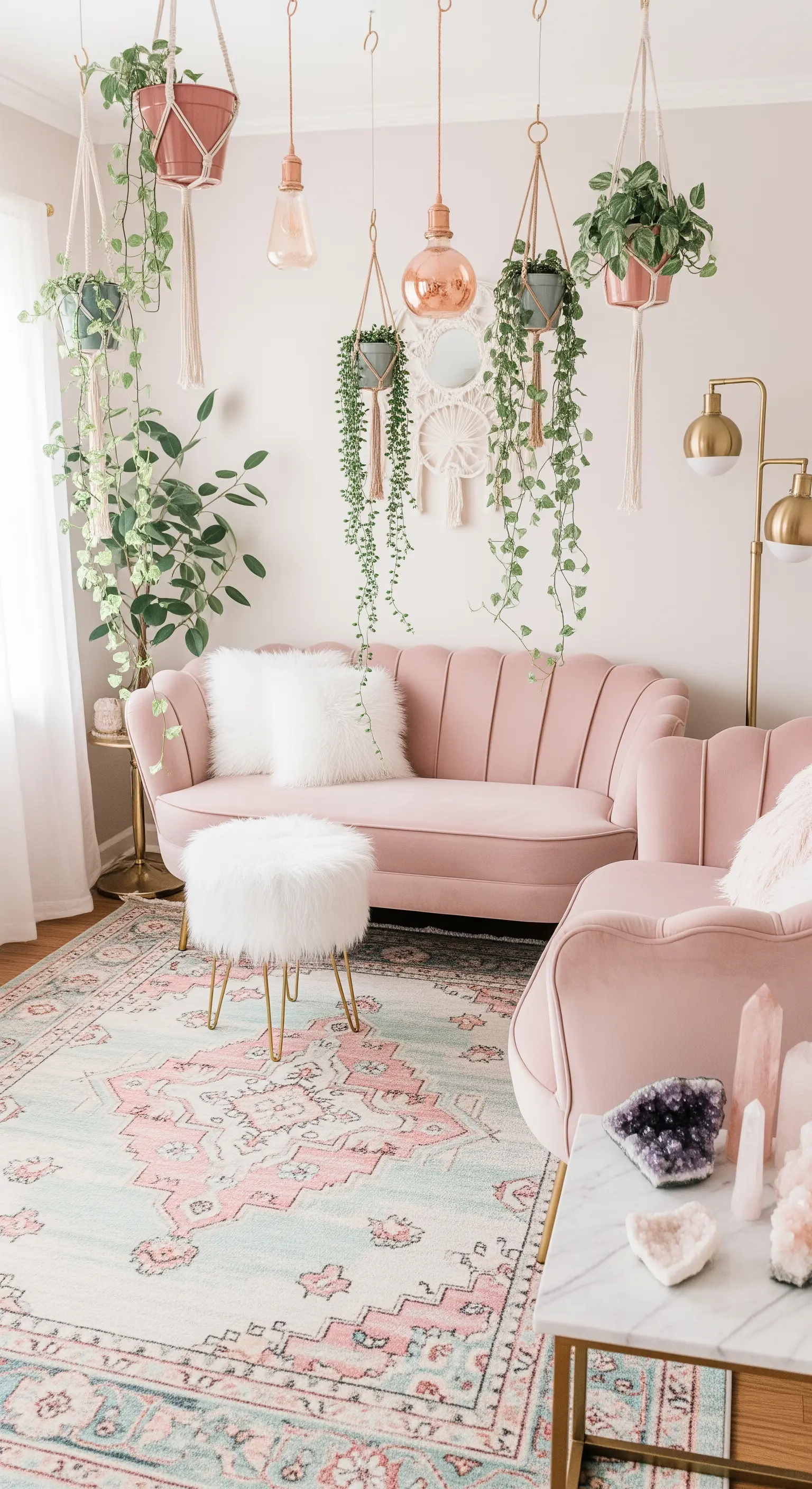 Salotto boho-glam con divano rosa, accenti dorati, piante sospese e cristalli decorativi.