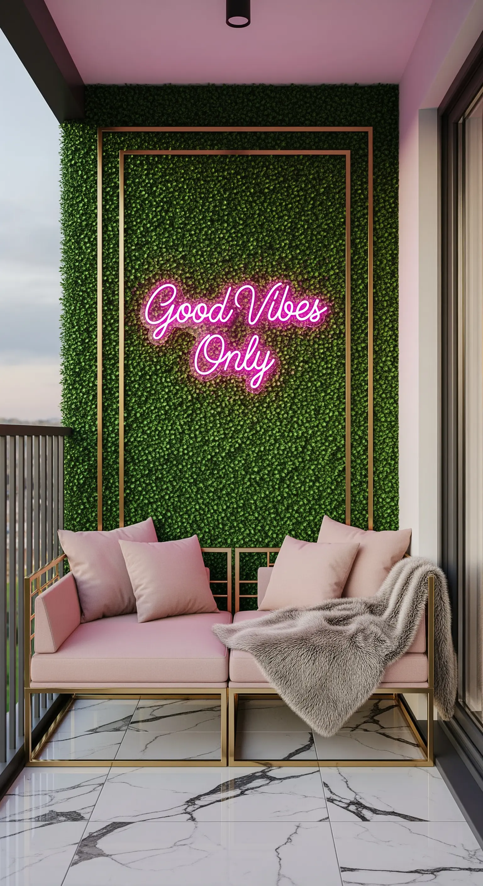 Divanetto rosa con struttura dorata e una parete verde con una scritta al neon