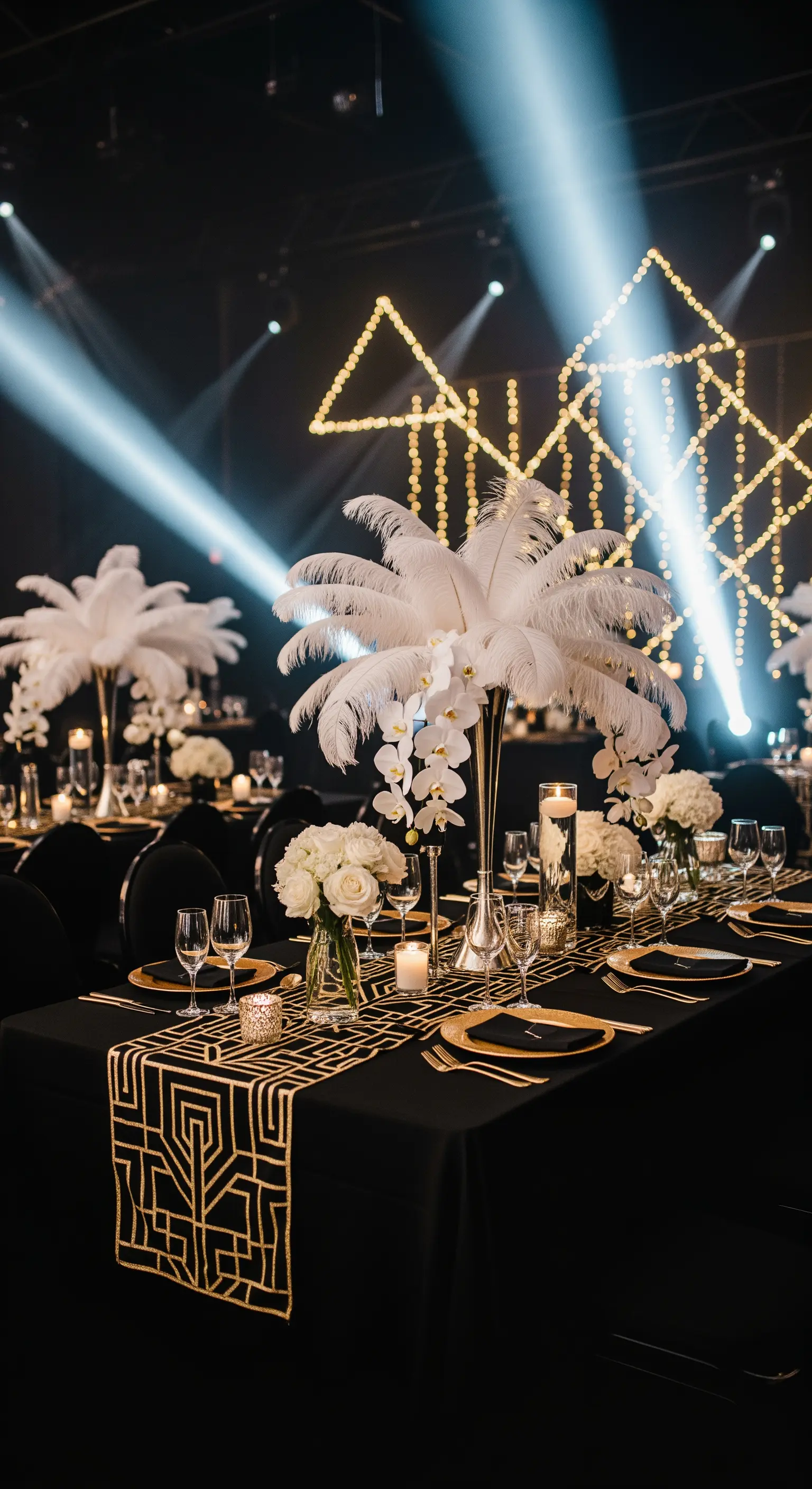 Tavola in stile Art Deco con piume bianche, dettagli neri e oro.