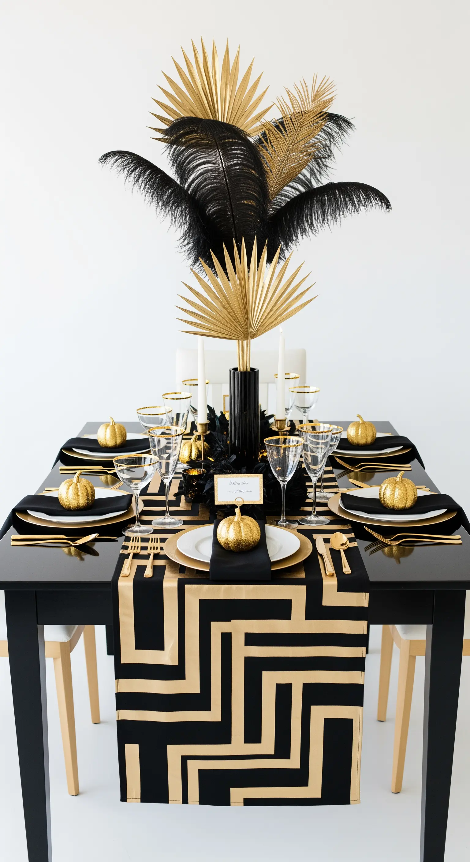 Allestimento Art Deco nero e oro con piume e foglie di palma.