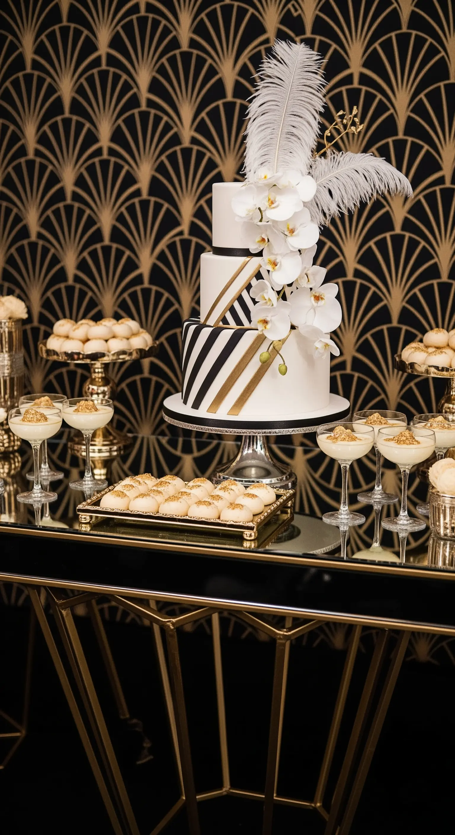 Sweet table in stile Art Déco con torta a righe nere e oro, piume e orchidee.